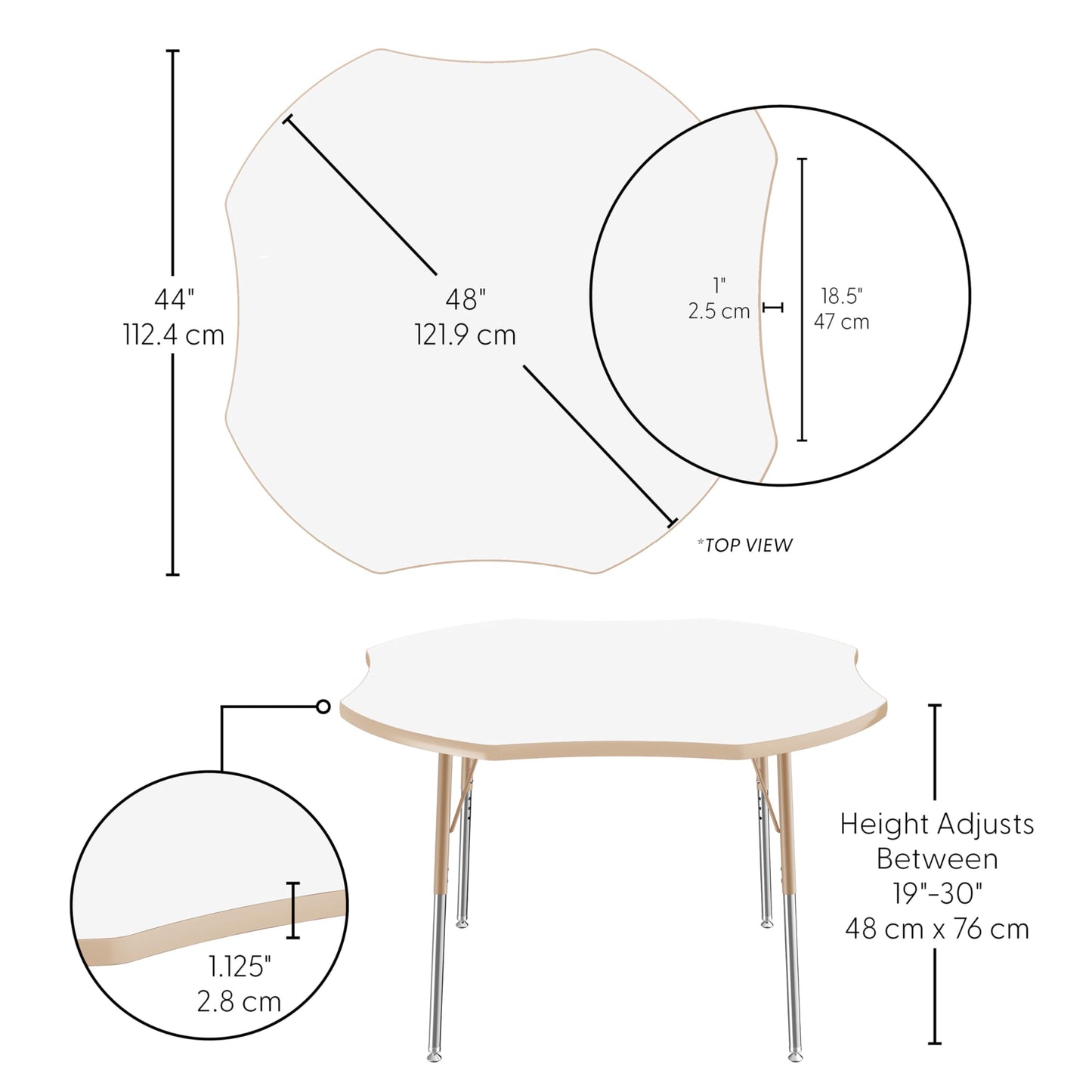 FDP Dry-Erase Clover Activity School and Office Table (48 x 48 inch), Standard Legs with Swivel Glides for Collaborative Spaces, Adjustable Height 19-30 inches - Whiteboard Top, Maple Edge, Sand Legs