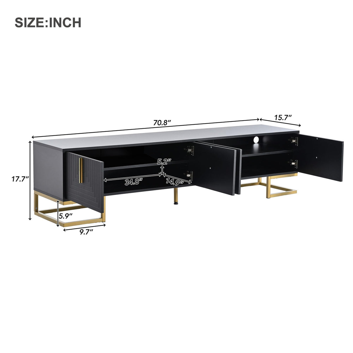 Merax Modern TV Stand with Metal Legs, Gold Handles, Geometric Lines and Adjustable Shelves for TVs Up to 80'', Media Console Table, Luxury Storage Cabinets for Living Room, Black