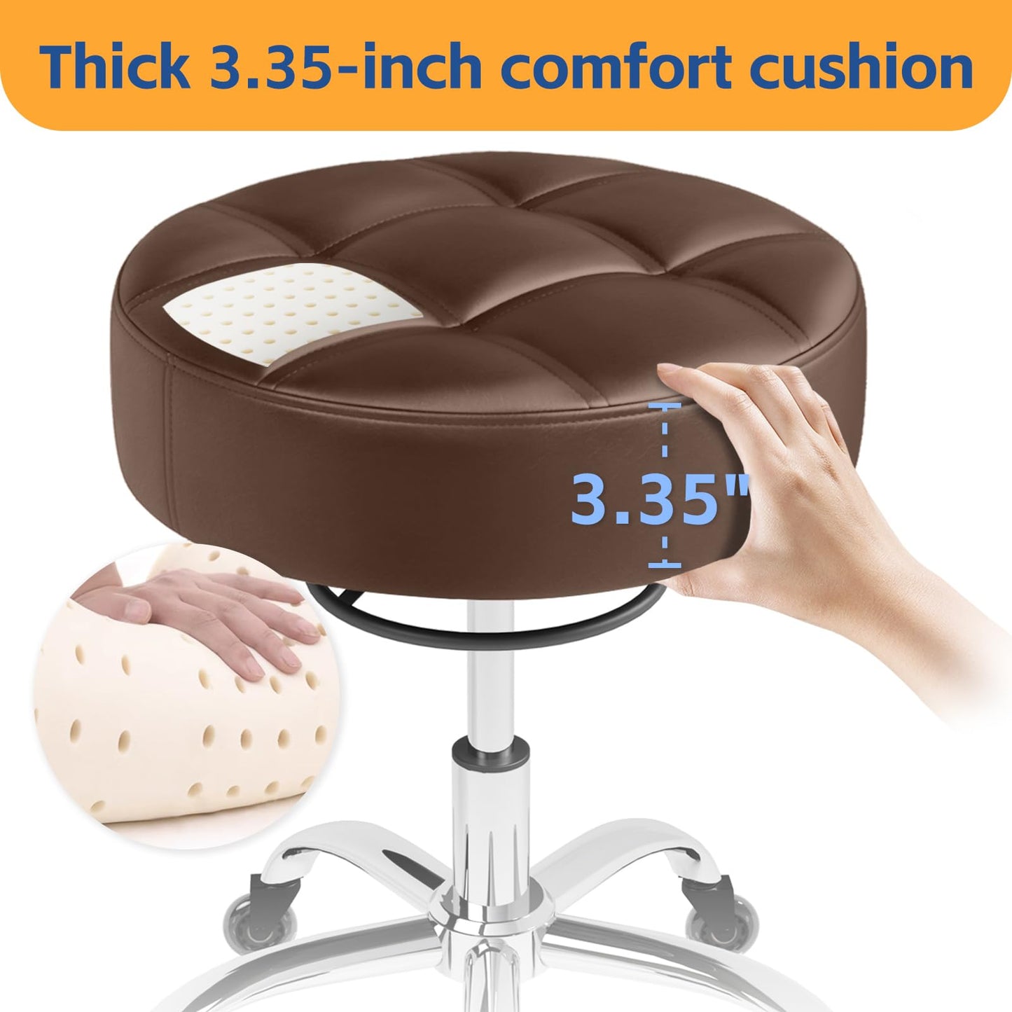 Rolling Stool Heavy Duty 400lb: Super Soft Seat Cushion,360° Swive,Height Adjustability,No Squeaky Noises,No Tip Over,New Upgraded Stool Salon stool Chair, Tattoo Facial Massage Spa Medical (Brown)