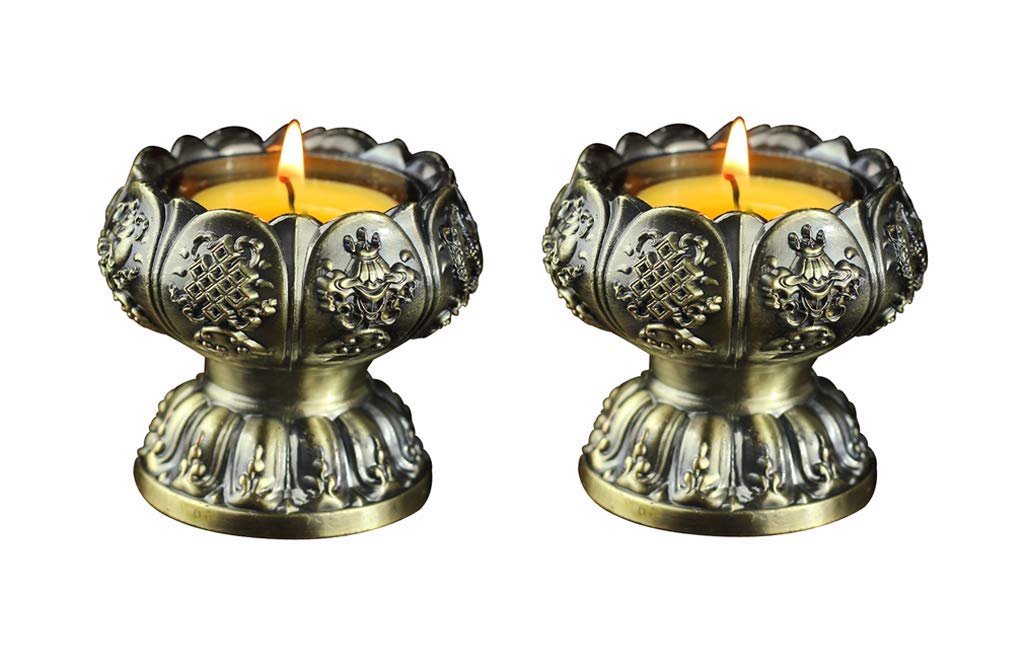 Lotus Flower Votive Tealight Holder, Buddhist Tealight Candle Holder - Tibetan Buddhist Water Offering Cup, Tibetan Oil Lamp Holder Buddhist Supplies for Meditation Buddha Altar, Set of 2 (Bronze)