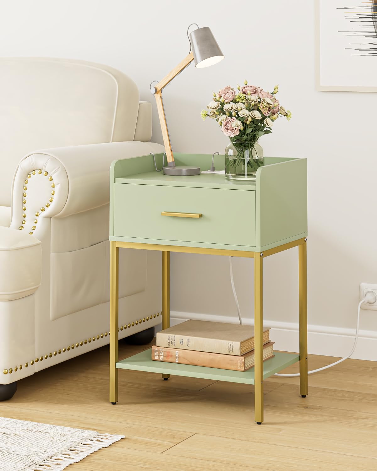 Apetaccat Nightstand with Charging Station,3-Tier Modern Bedside Table Night Stand with Storage Drawer and Open Shelf,Small End Side Table for Bedroom,Living Room,Green