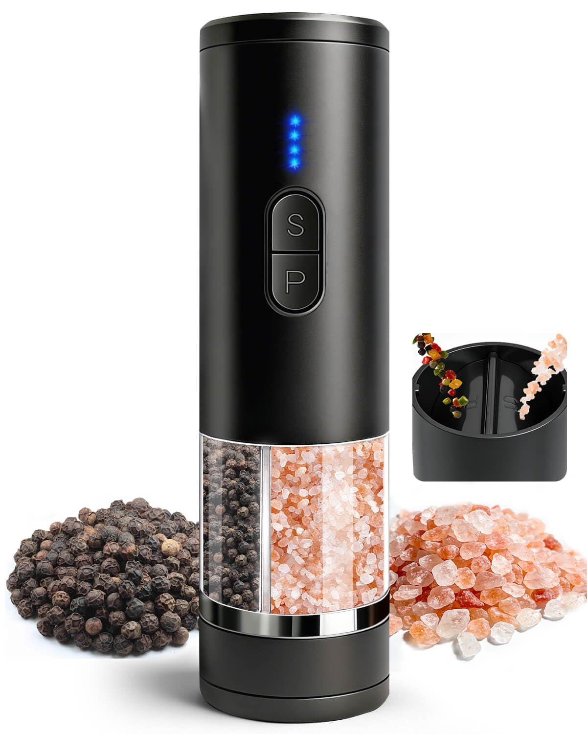 Aotto 2-in-1 Electric Salt and Pepper Grinder Set, USB-C Rechargeable Automatic Mill with LED Light, One-Handed Operation, Adjustable Coarseness