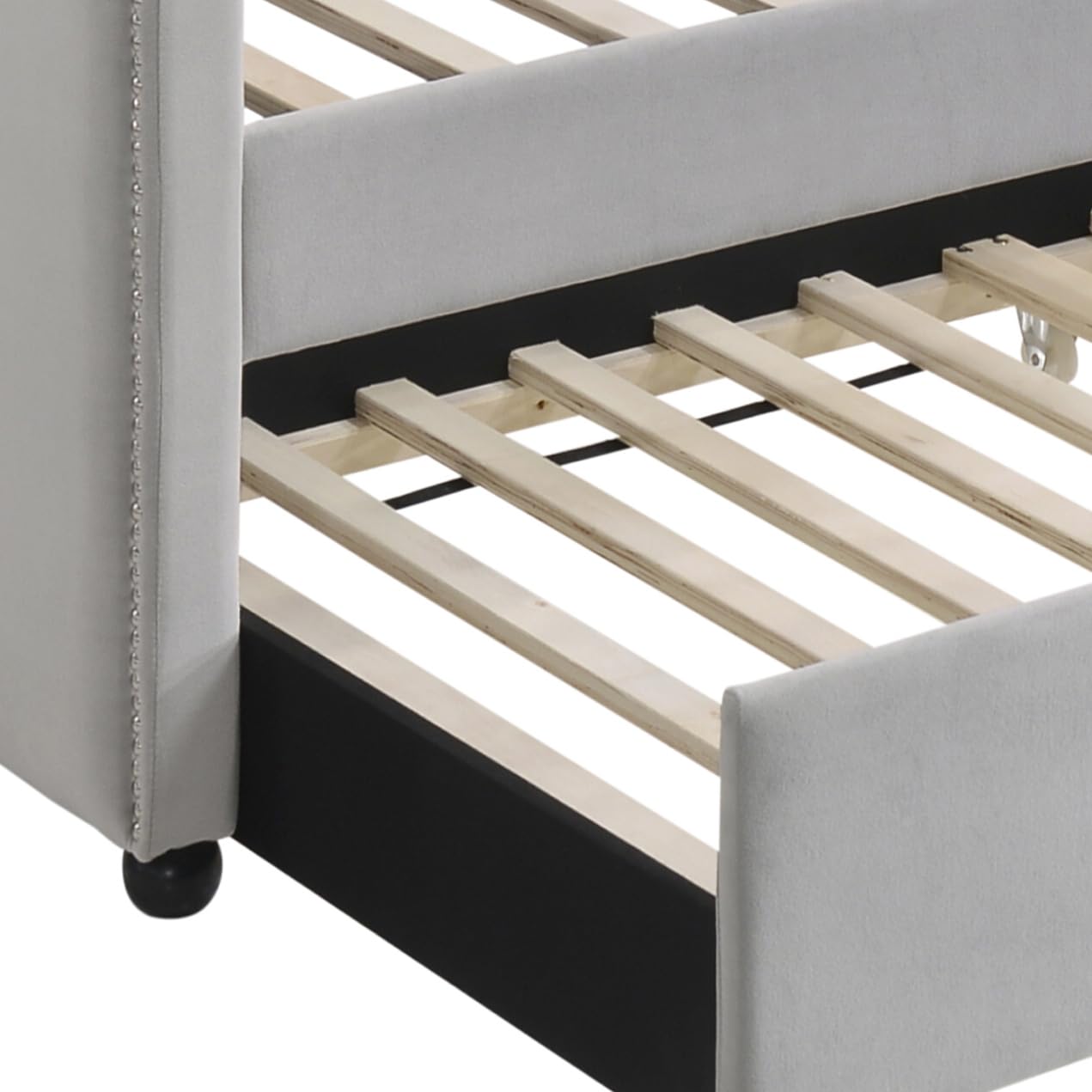 KOYVRY Twin Daybed with Trundle - Upholstered Twin Daybed with Horizontal Tufting and Nailhead Trim, Velvet Daybed with Arched Frame and 28 Wooden Slats, Twin Day Beds for Adults, Gray
