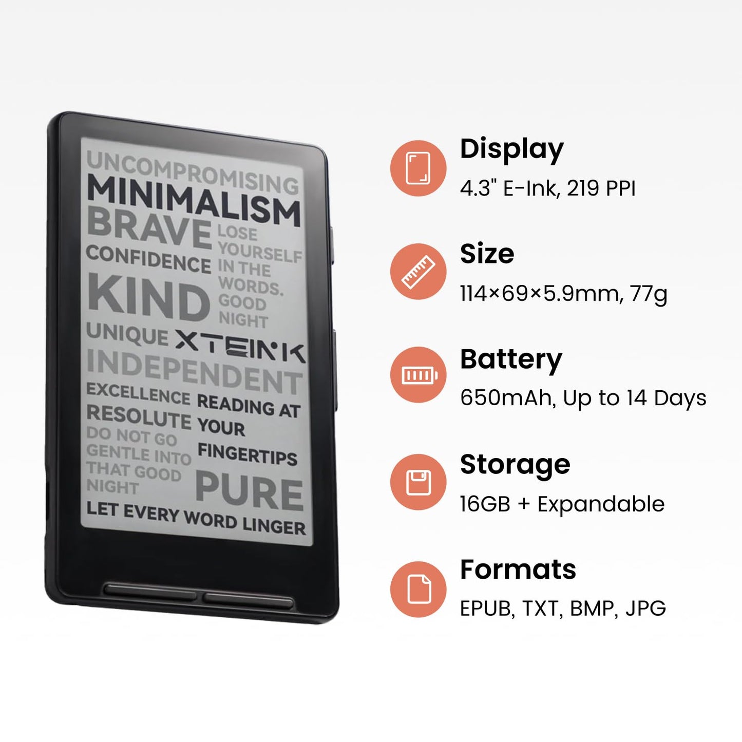 XTEINK X4 E-Book Reader (Developer Edition), 4.3" Pocket E-Ink eReader, Physical Page-Turn Buttons, Ultra-Thin 0.23" & 2.72 oz, Magnetic-Ready Design, Distraction-Free Reading, 16GB, Mist Gray