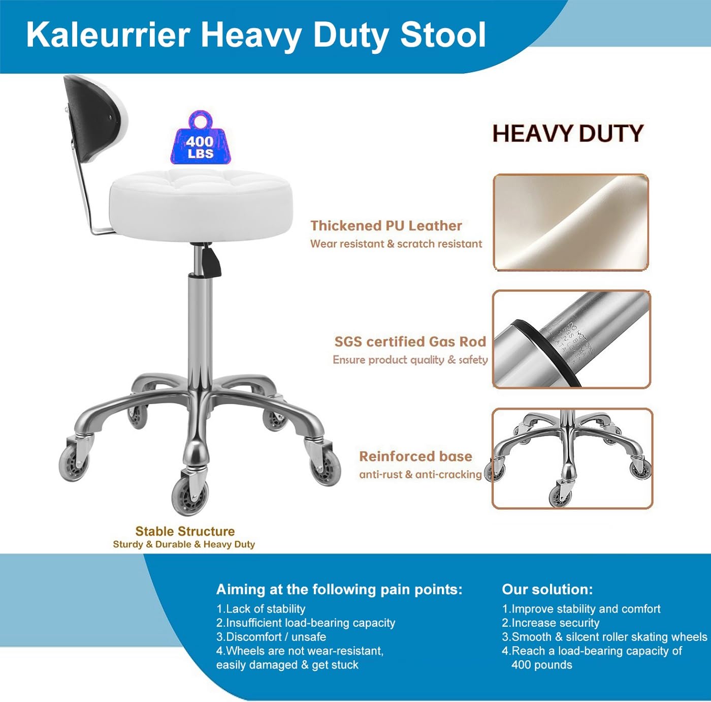 Kaleurrier Rolling Stool with Back Support: Adjustable Height 22-30 inches for Nail Lash Tech Stylist - Heavy Duty Stool Chair with Wheels for Salon Shop Office Kitchen Garage White