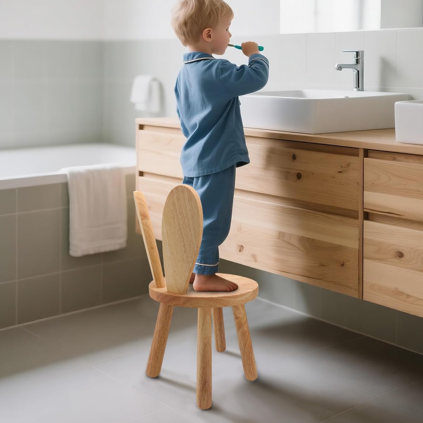 Wooden Step Stool for Toddlers, 2-in-1 Kids Chair & Desk Seat, Solid Rubberwood Bunny Ears Backrest, Wood Wax Oil Finish, CPC Certified Sturdy Seating for Playroom Classroom Nursery, Natural（1 Pack）