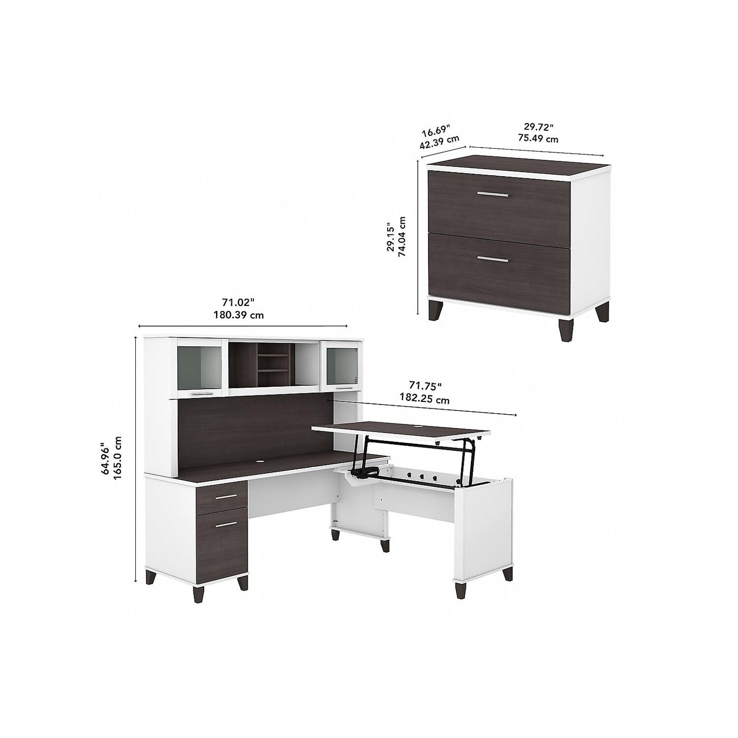 Bush Home Somerset 72W 3 Position Sit to Stand L Shaped Desk with Hutch and File Cabinet in White and Storm Gray