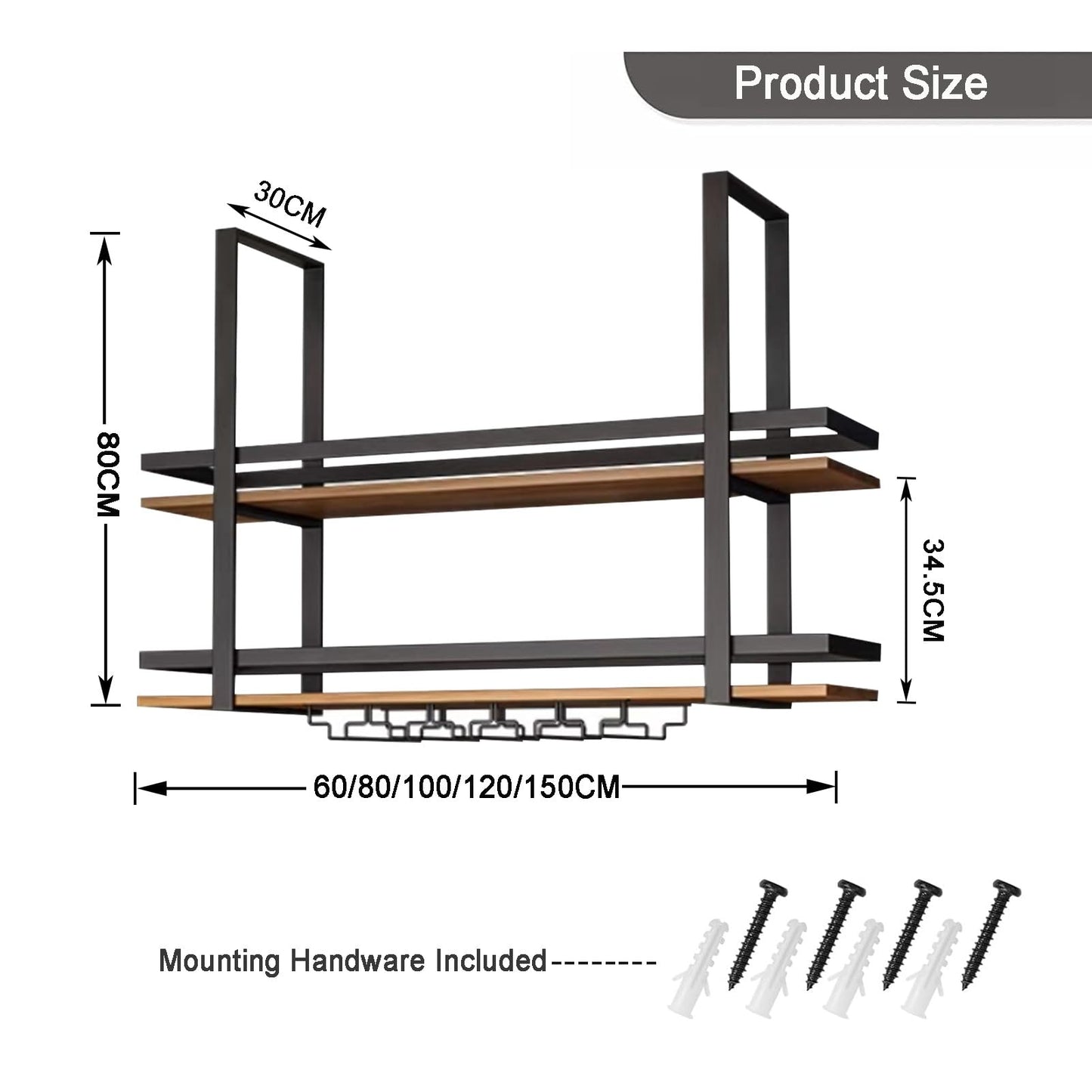 TATITZRO Wall Mounted Wine Rack Ceiling Bottle Shelf, Hanging Wine Glass Rack Floating Bar Shelves Flaoting Plant Display Storage Holder with Stemware Hanger for Bar Cafe Kitchen(60x30x80cm