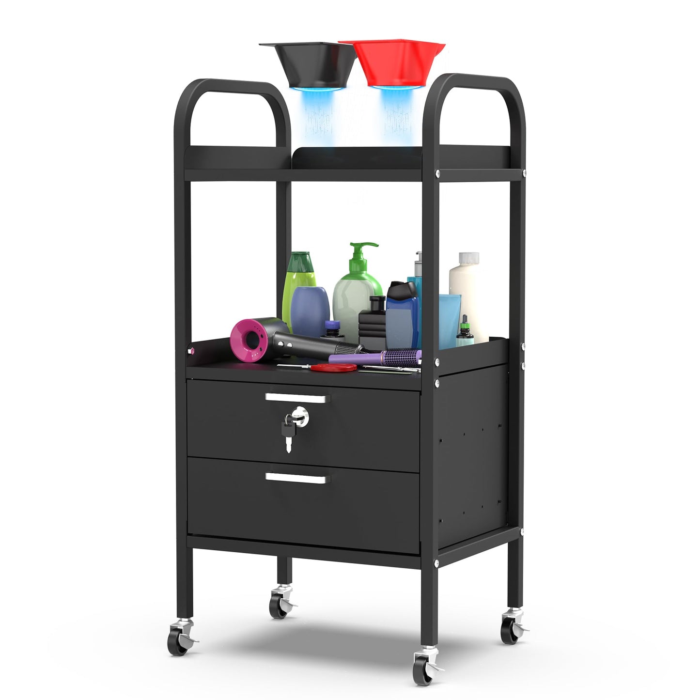 TASALON Metal Salon Trolley Cart with Wheels & Lockable Drawers – 4-Tier Hair Stylist Rolling Tray Cart, Barber & Esthetician Station Organizer, Beauty Salon Equipment & Spa Storage Cabinet