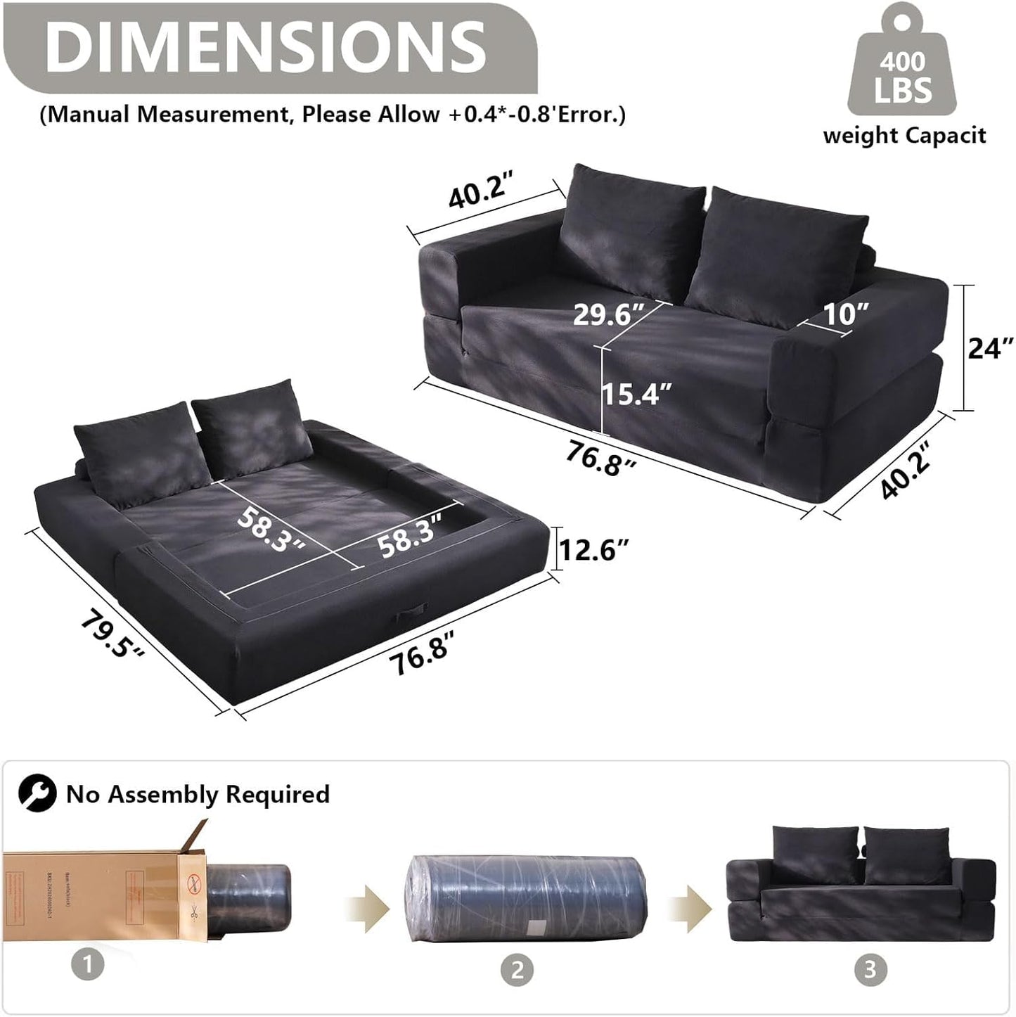 WHGBJA 79'' Convertible Sleeper Sofa Bed, 3-in-1 Foldable Floor Couch with Corduroy Upholstery, No Assembly Loveseat, Light Brown Lounge Mattress for Living Room, Studio, Guest Room