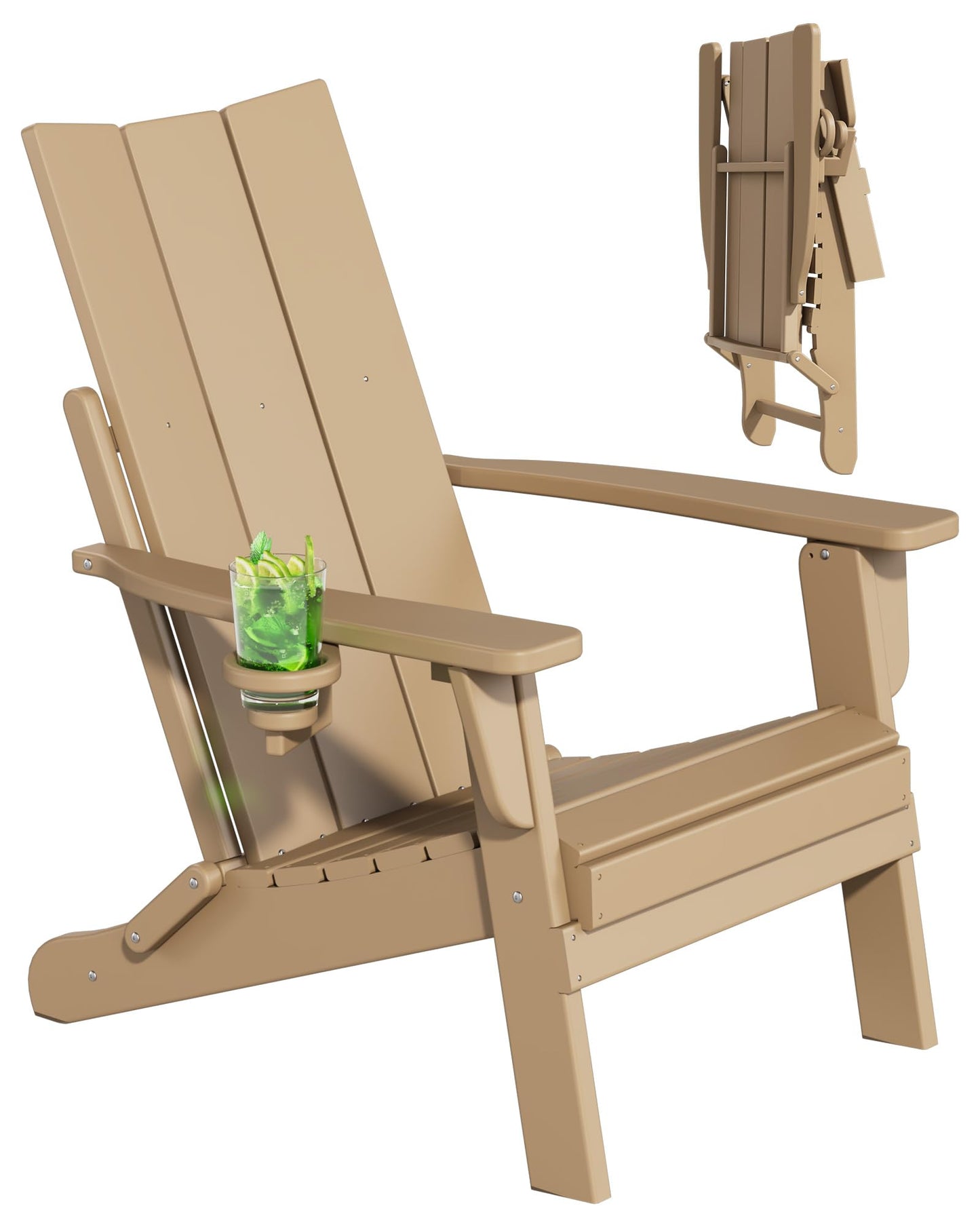 Adiromoti Folding Adirondack Chairs, All-Weather Resistant HDPE Patio Firepit Chairs, Sturdy Outside Chairs with Cup Holder, Pre-Installed Lawn Chairs Load Capacity 385lb, Weathered Wood