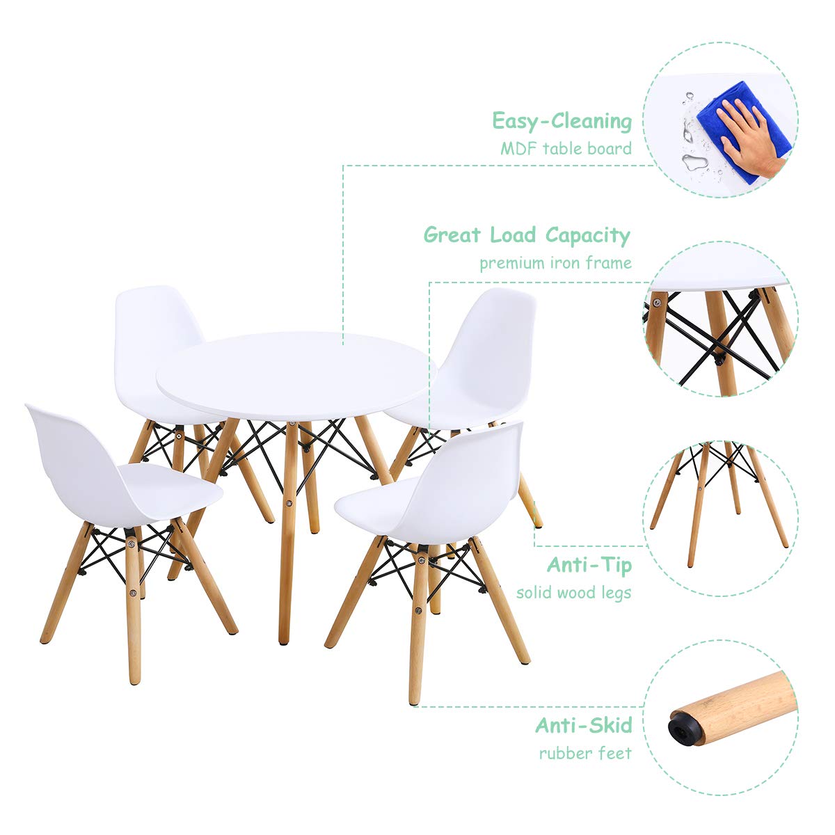 Costzon Kids Table and Chair Set, 5 PCS Mid-Century Modern Style Kids Desk Set w/Wood Legs, Iron Frame for Dining Drawing Playing & Strong Bearing Capacity, Toddler Table and Chairs (White)