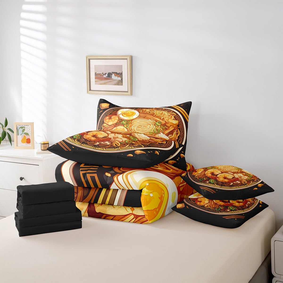 Erosebridal Ramen Noodle Queen Bedding Set 7 Piece,Japanese Ramen Bed Set Funny Gifts for Kids Teens Adults,Anime Style Comforter Set Food Themed Bed in a Bag with Fitted+Flat Sheet,Pillowcases
