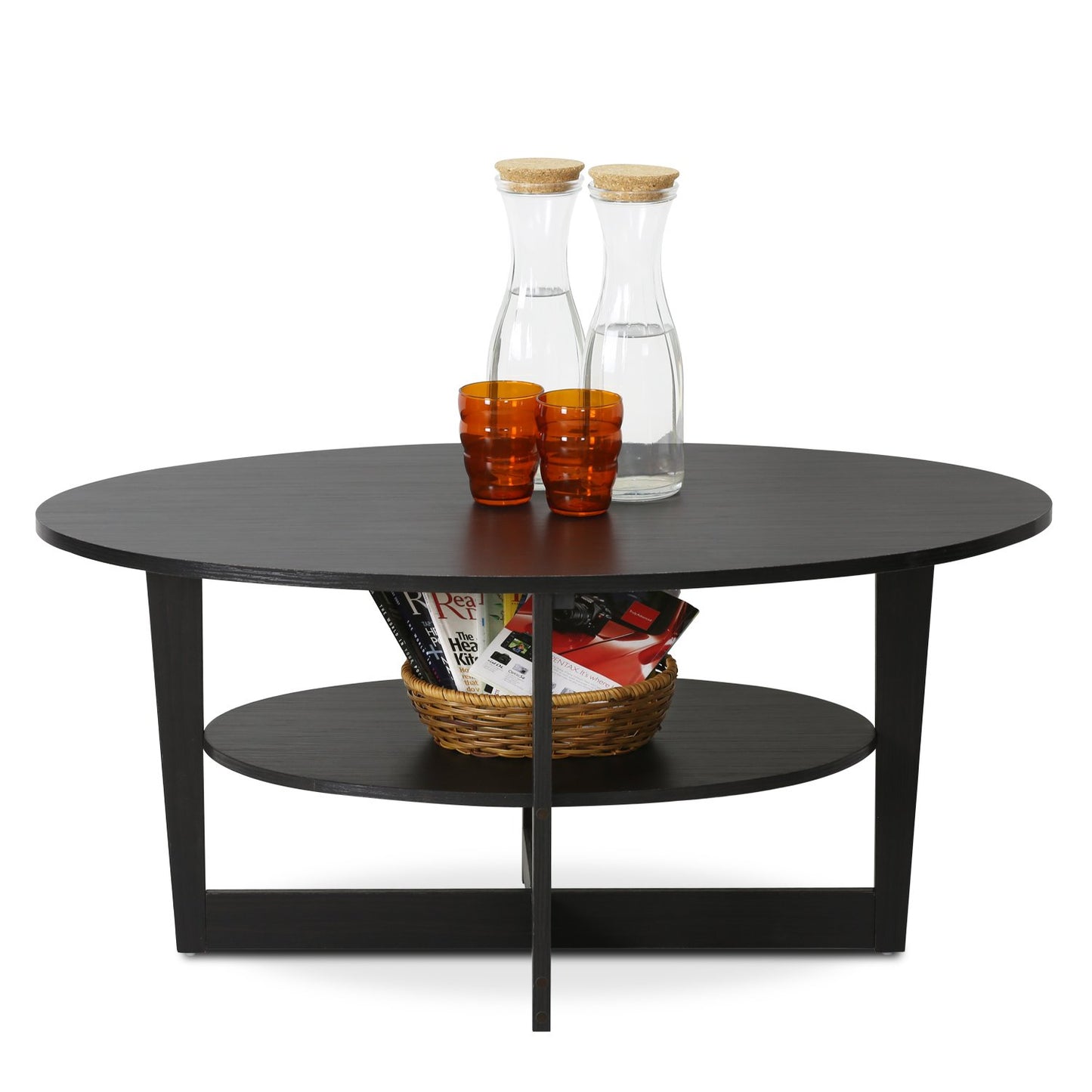 Furinno Jaya 2-Tier Round Coffee Table, Small Black Coffee Table with Storage Shelf, Oval Center Table for Living Room, Bedroom, Home Office, Black Walnut
