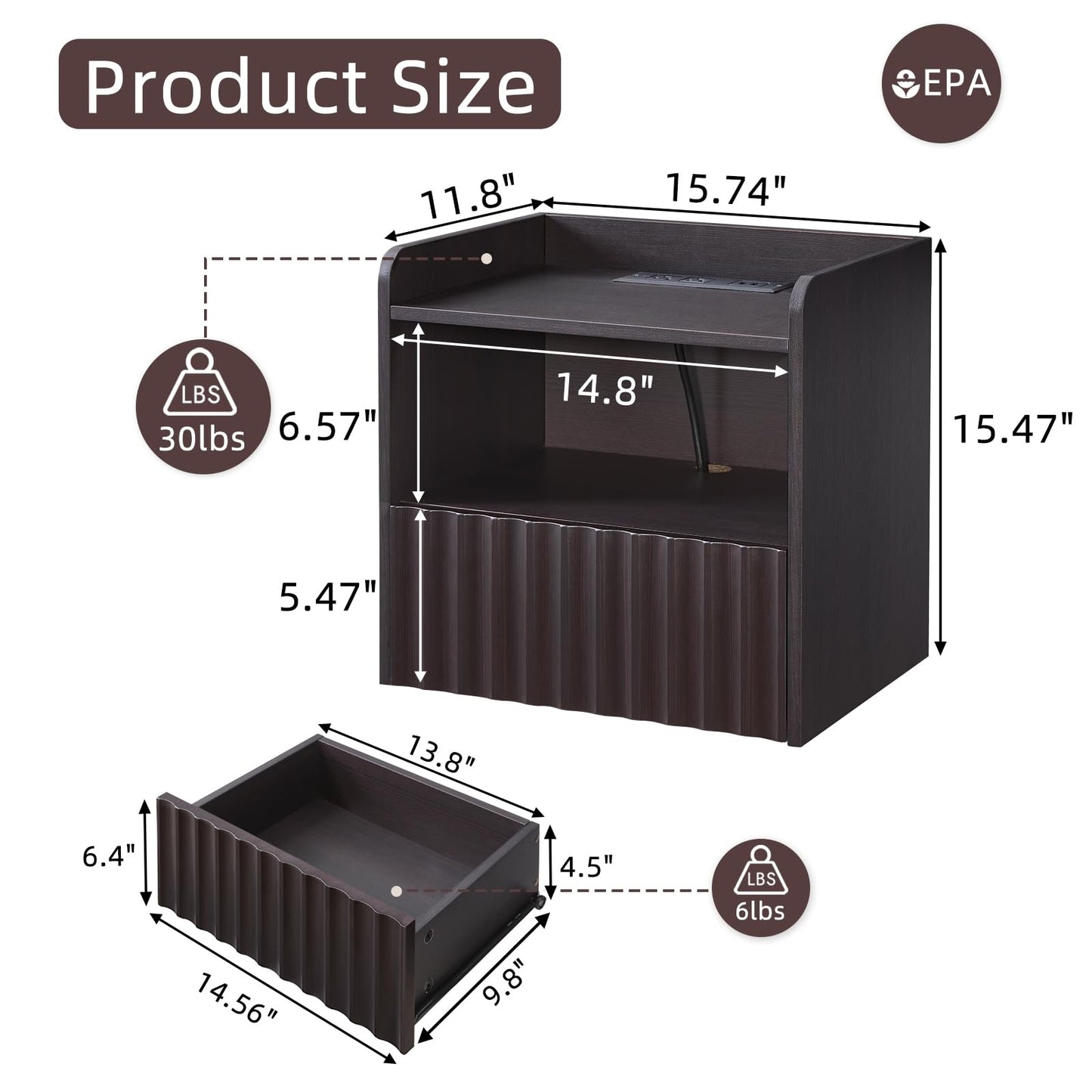 BuildHom Modern Fluted Floating Nightstand Wall Mounted - Bedside Table with Storage Drawer & Display Shelf, Minimalist Bedroom Furniture for Studio Apartments(Espresso)