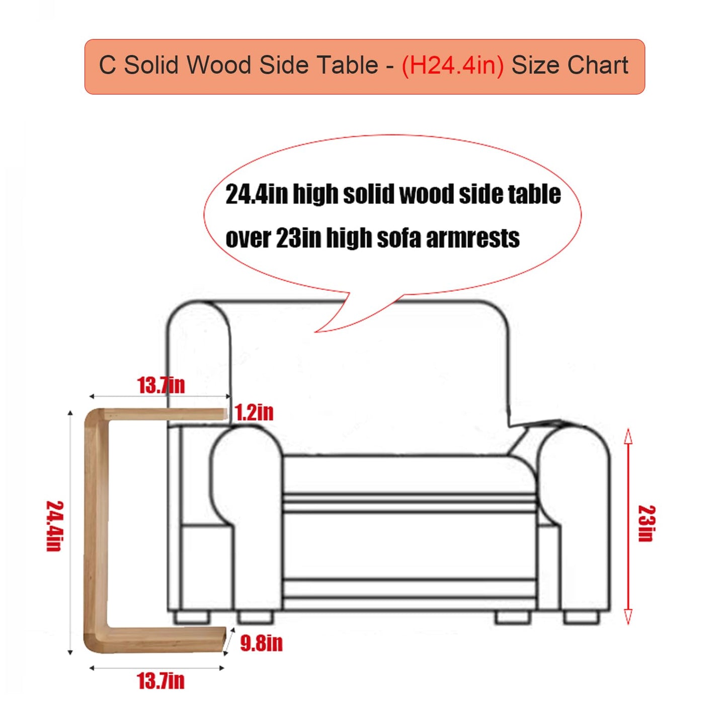 H24.4in C Shaped End Table, Black Solid Wood Sofa Side Table for Couch/ Bed/Living Room, Space-Saving Small Snack Table for Bedroom, Office, or Balcony, Wooden Nightstand for Laptop and Narrow Spaces