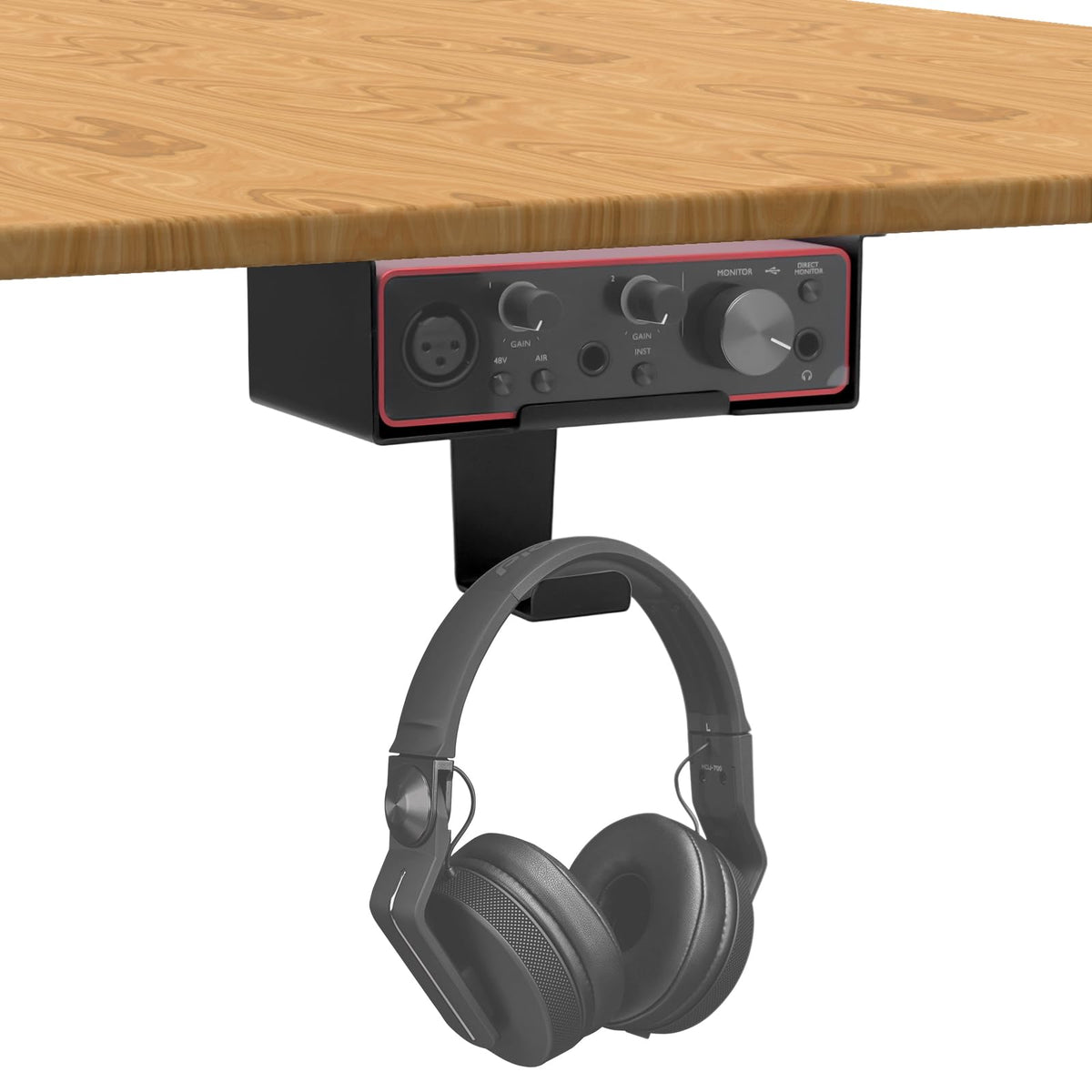 FSNIWEKO Under Desk Mount for Focusrite Scarlett Solo 3rd Gen/Solo 4th Gen with Headphone Hanger Stand,Under Desk Metal Shelf Organizer for Audio Interfaces and Studio Gear (Black Holder Only)