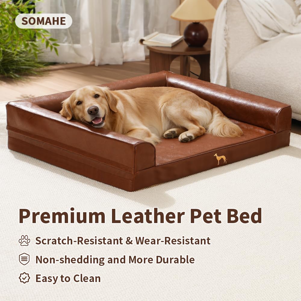 SOMAHE Leather Dog Bed Couch, Orthopedic Waterproof, 35"x28", Brown