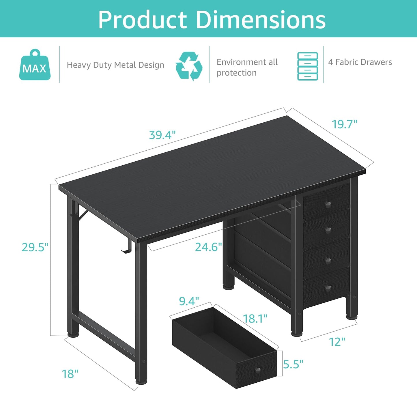 Lufeiya Small Gaming Desk with 4 Drawers, 40 Inch Kids Girls Teen Cute Study Desk for Bedroom, Reversible Work Computer Writing Table Desks for Small Space Home Office, Black