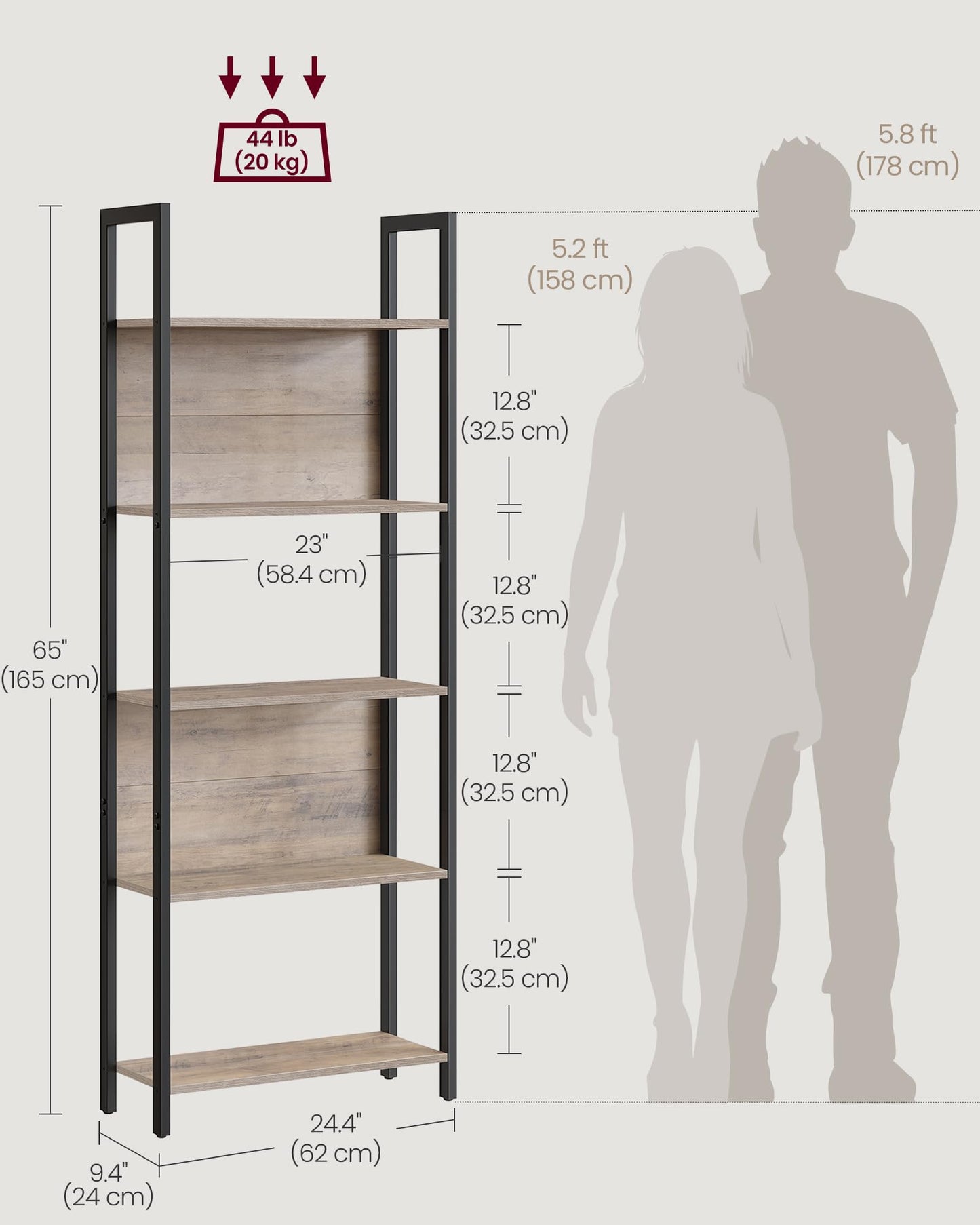 VASAGLE 5-Tier Bookshelf, Book Shelf, Industrial Bookcase, with Steel Frame, for Living Room, Home Office, Bedroom, 9.4 x 24.4 x 65 Inches, Greige and Black ULLS025B02