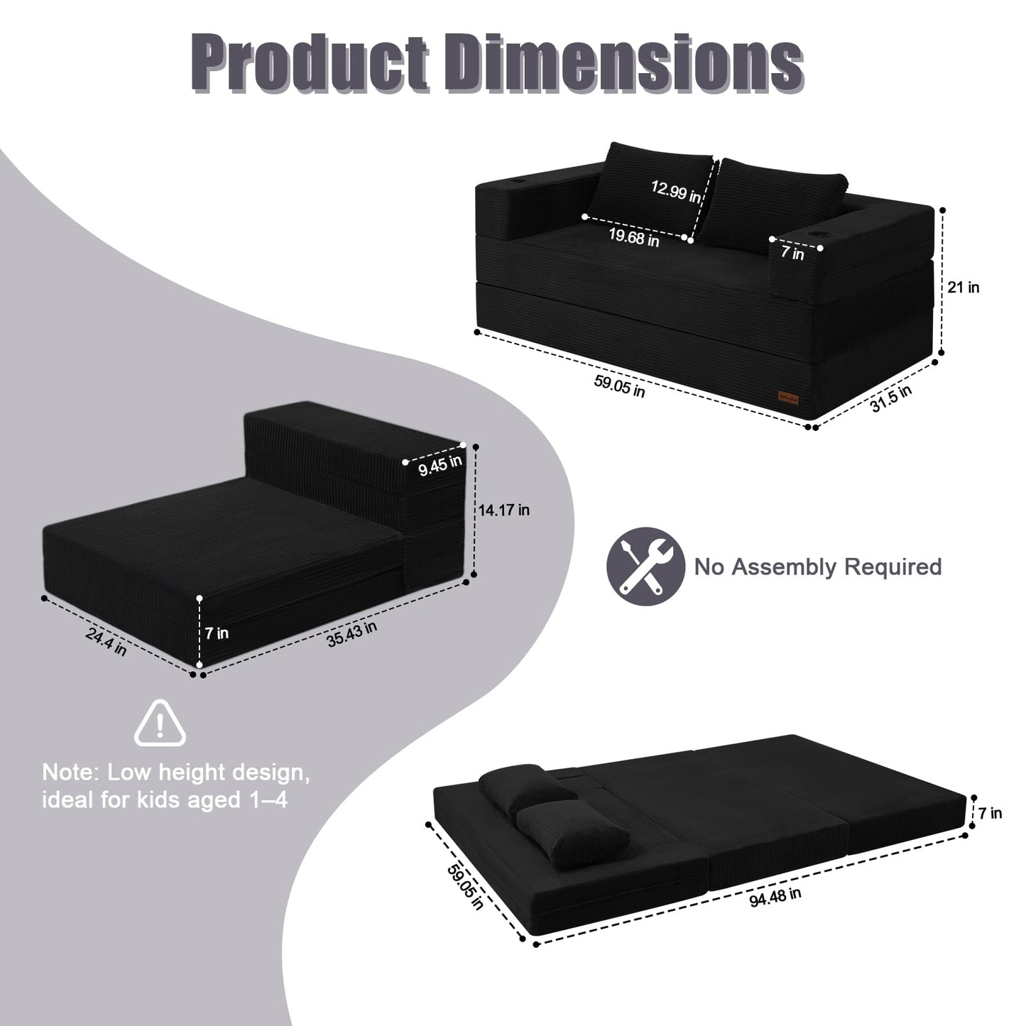 MeMoreCool Black Futon Couch Convertible Sofa Bed Queen, Folding Floor Couch Bed with Pillow, Corduroy Foldable Sofa Sleeper, Fold Out Boneless Loveseat Lounge for Living Room Small Spaces