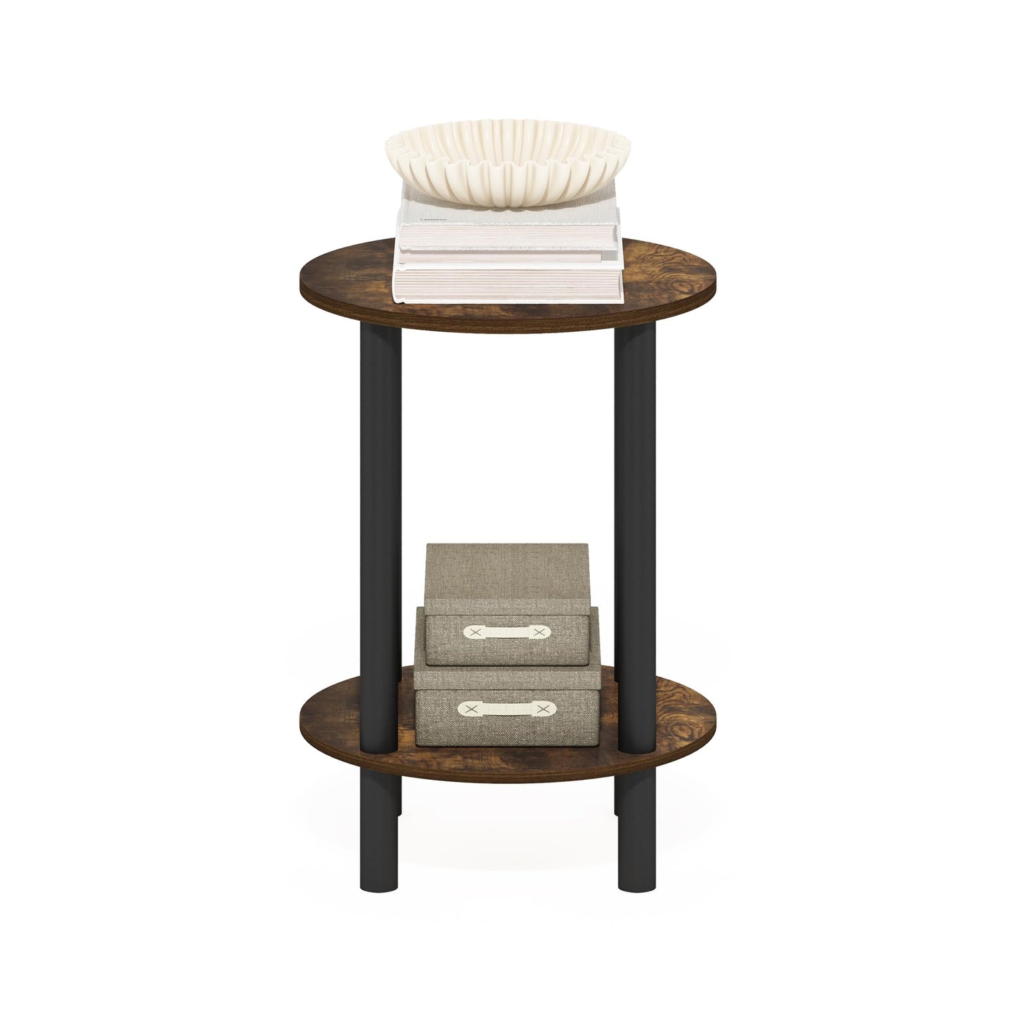 Furinno Turn-N-Tube Side Table, 2-Tier Round End Table, Toolless Assembly Night Stand, Bedside Table with Open Shelf, for Living Room, Bedroom, Amber Pine