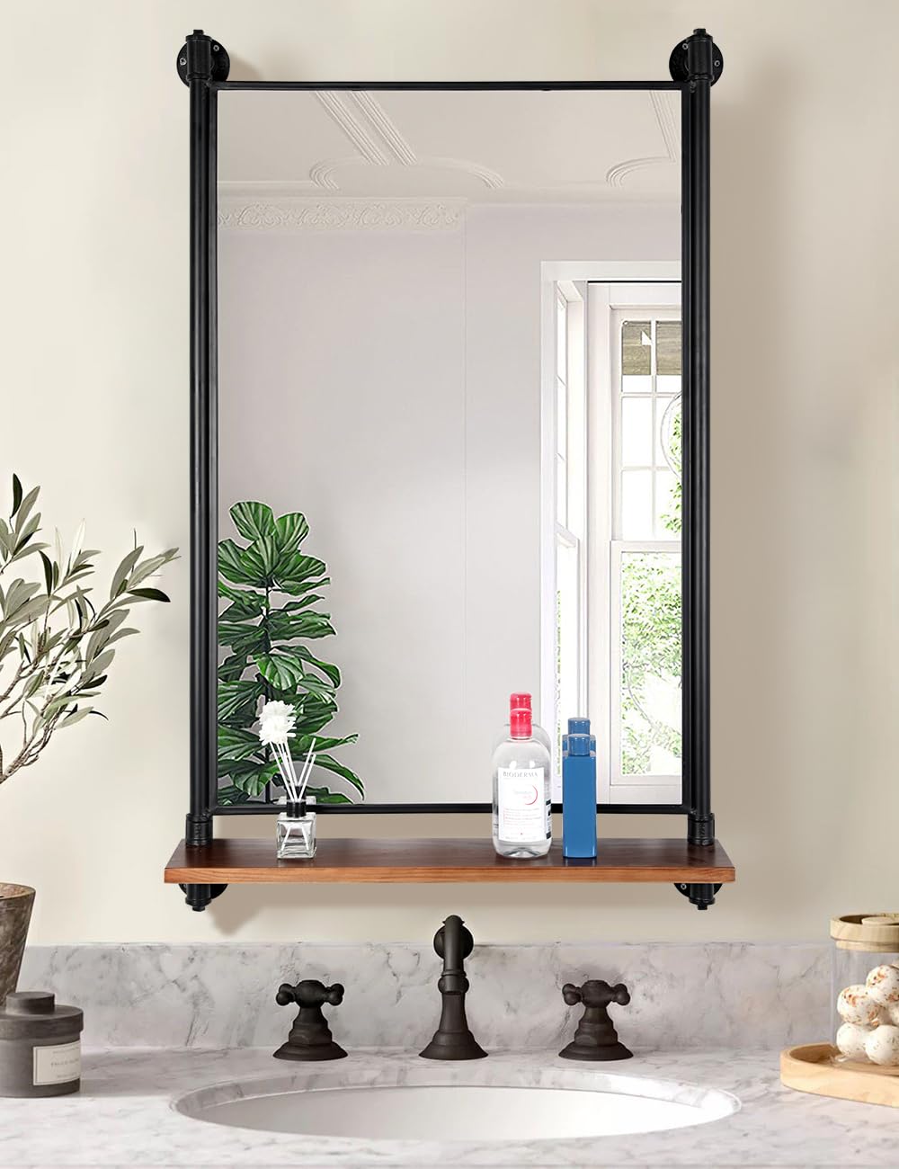 OLDRAINBOW Industrial Pipe Mirror Wood Shelves,Bedroom Mirror with Shelf,Rectangle Iron Wall Mirrors for Living Room Bedroom(34.6 x 23.6 in)