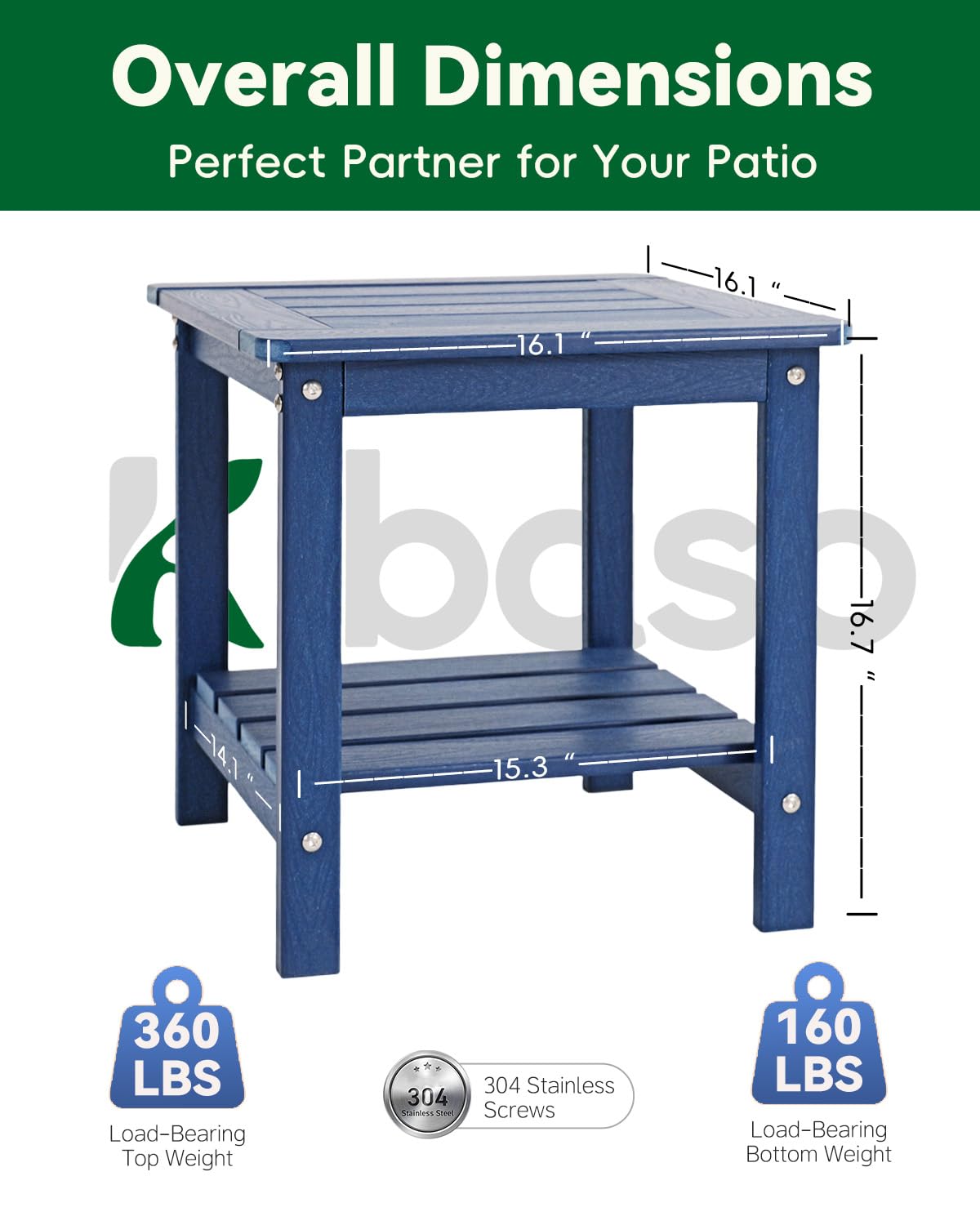 Kibaso-Adirondack Outdoor Side Table, 2-Tier HDPE Outdoor End Table, Weather Resistant Easy Maintenance, Small Patio Side Table for Patio, Pool, Porch, Garden, Lawn, and Living Room (1, Blue)