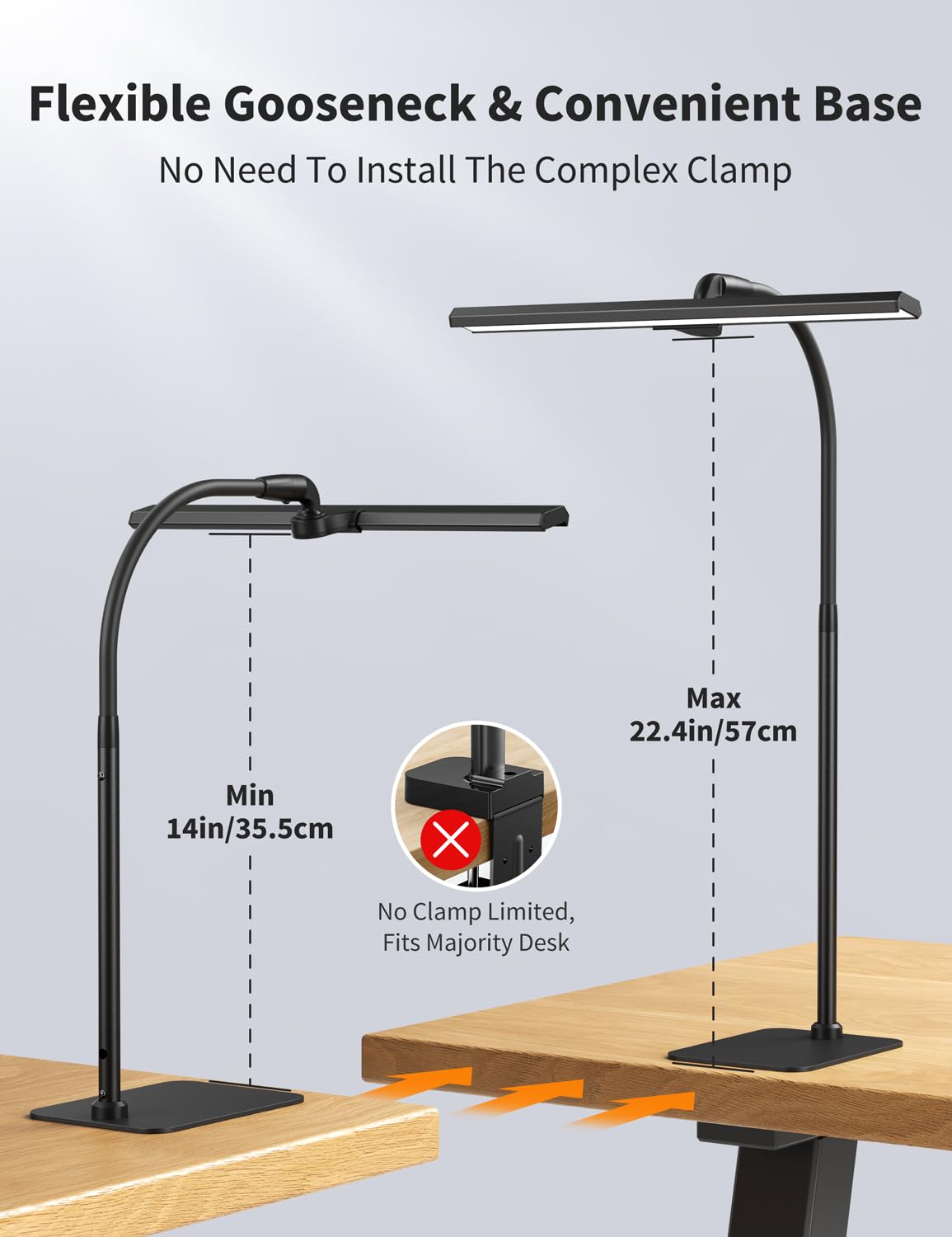 Kary LED Desk Lamps for Home Office, Tall Desk Light with Base, Flexible Gooseneck Adjustable 5-Level Dimmable Brightness & Color, Height Architect Lamp for Working, Reading, Crafting, Study
