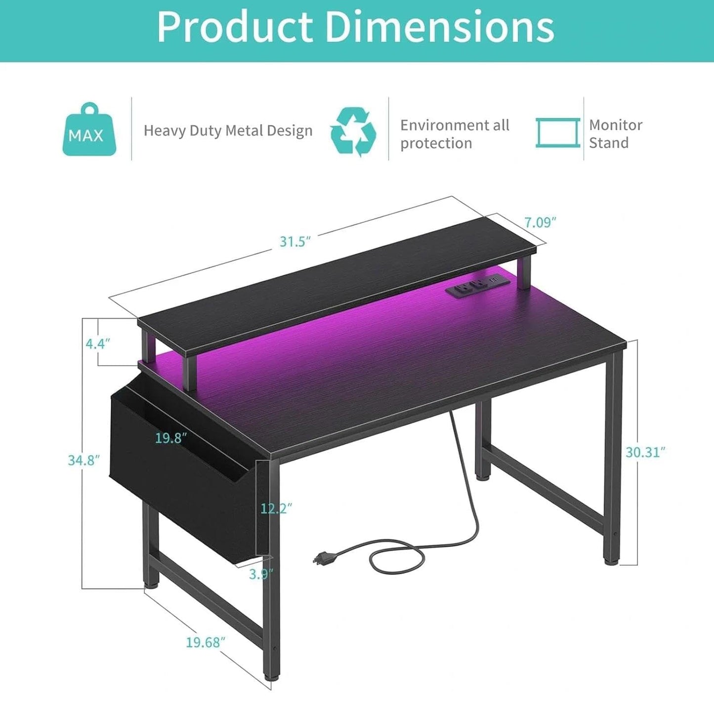 Lufeiya Small Desk with Power Outlets and LED Lights, 32 Inch Teen Writing Study Table Home Office Computer Desks with Monitor Stand, Gaming Desk with Charging Station, Black