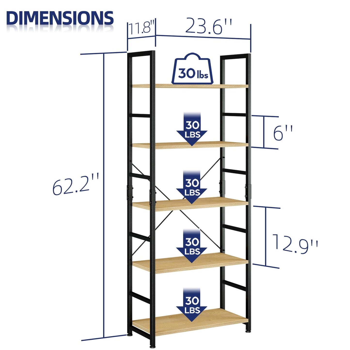 NUMENN 5 Tier Bookshelf, Tall Bookcase Shelf Storage Organizer, Modern Book Shelf for Bedroom, Living Room and Home Office, Natural