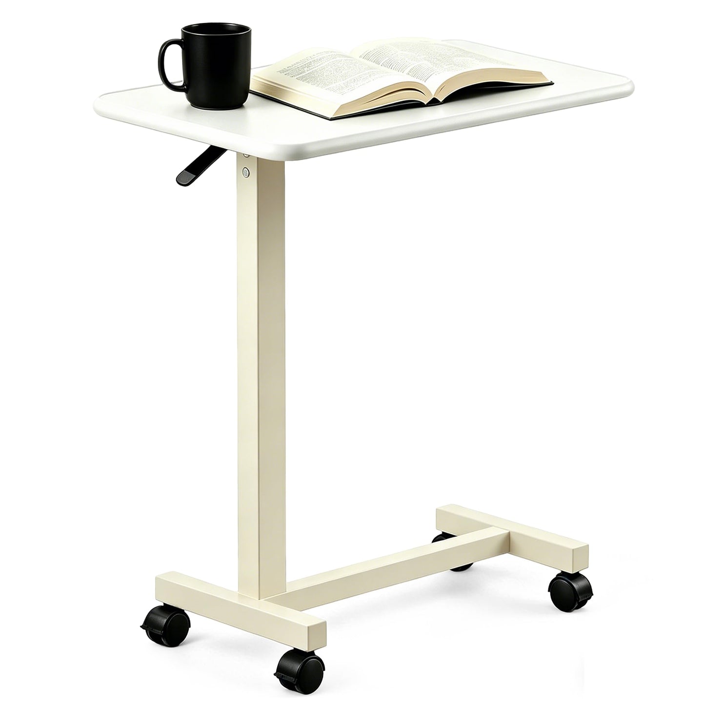 Premimax Adjustable Overbed Table with Wheels, Pneumatic Height Lift Rolling Bedside Table, Standing Desk for Home & Office Use, Ideal for Seniors & Limited Mobility(White)