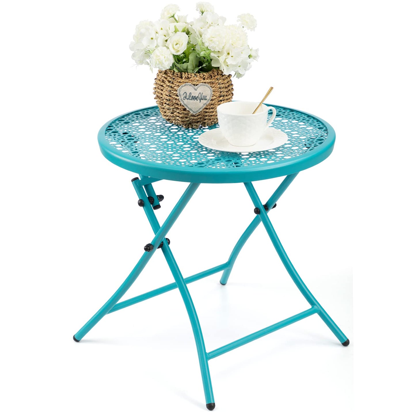 TeoKJ Folding Outdoor Side Tables, Anti Rust Small Patio Table Round Metal Nightstand with Flower Cutouts for Porch Yard Balcony Deck Lawn, Blue