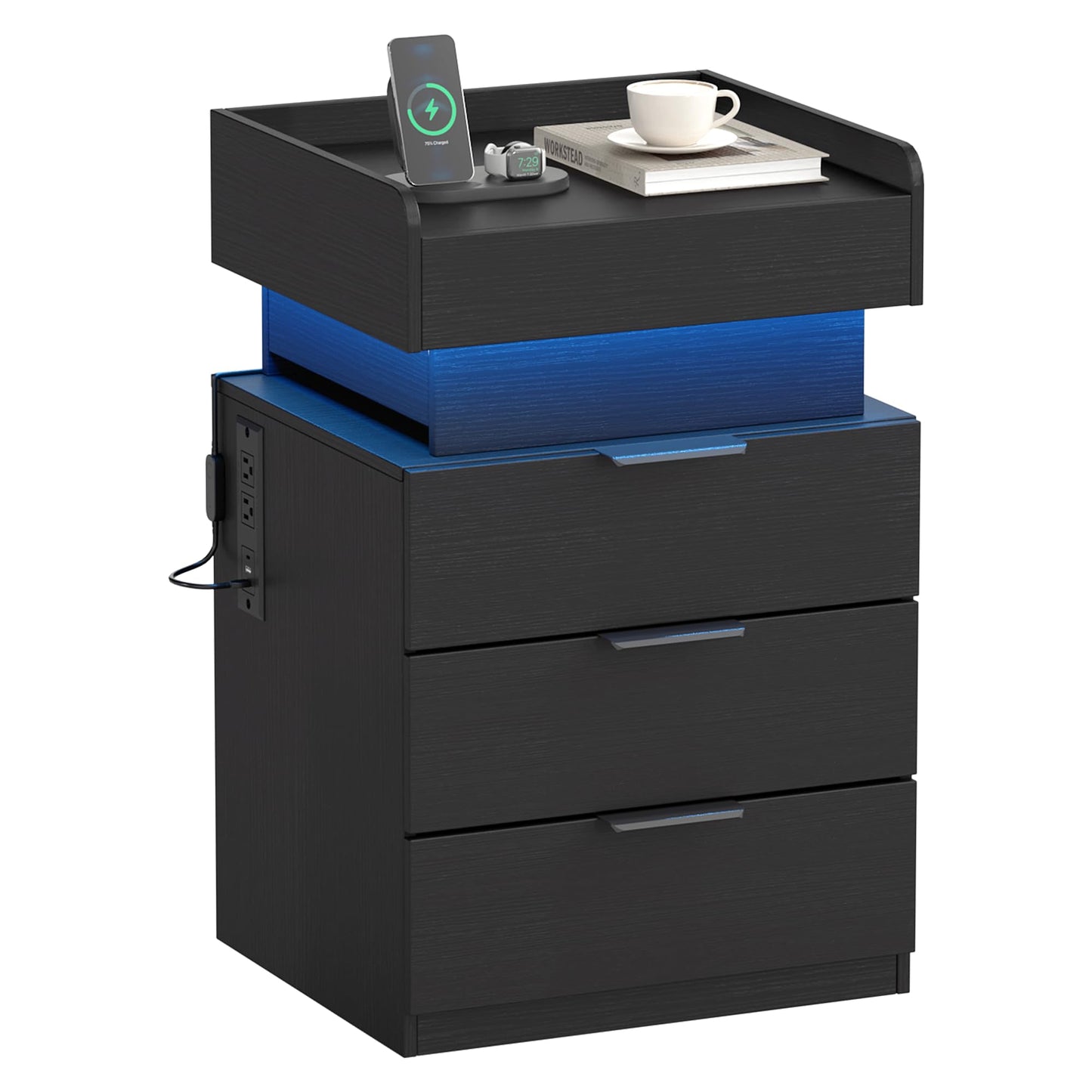 Turosur Night Stand with Gun Drawer, LED Nightstand with Charging Station, Wood Bedside Table with Hidden Storage and 3 Drawers for Bedroom, Modern Black