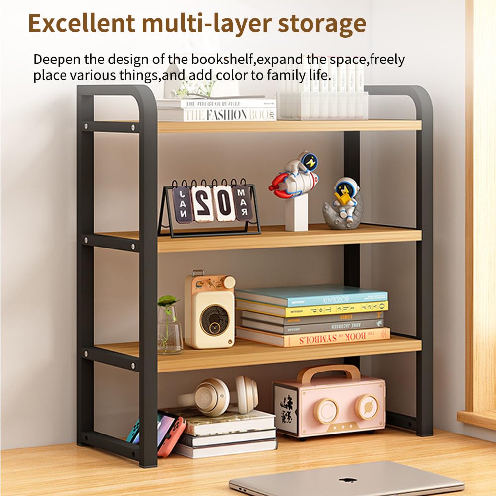Office Desk Shelf Organizer, Wood Desktop Bookshelf Supplies Storage Rack, Shelf for Top of Desk and Dresser and Cubicle Decor Aesthetic Bookshelf (Black Wood, three Tier 19.69 Lx7.87 Wx22.05 H)