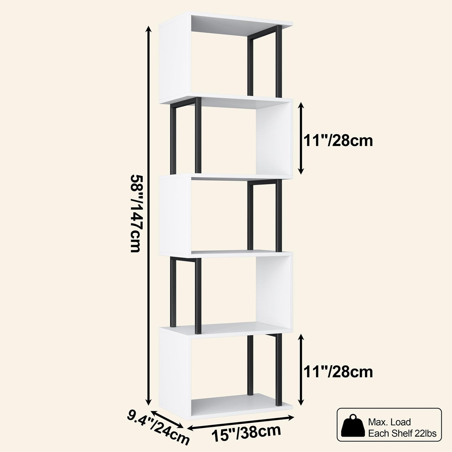 Yusong Bookshelf 5-Tier, Geometric Bookcase S Shaped Book Shelves for Bedroom, Modern Wood Decorative Display Shelf Book Case for Home Office, White and Black