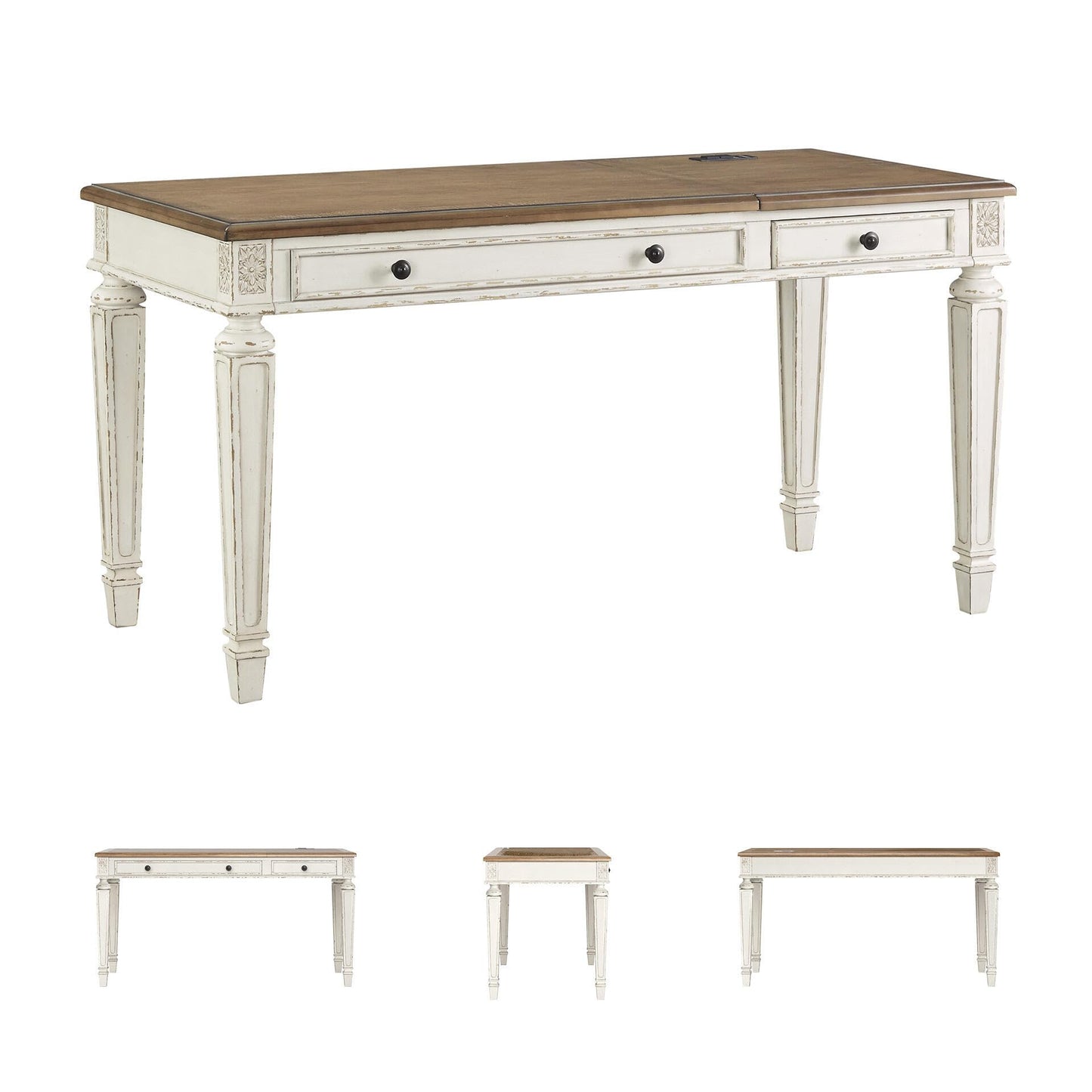 Signature Design by Ashley Realyn Home Office Lift Top Desk, USB Charging, Spring Lift Top, Smooth-gliding Drawer, 60" W x 28" D x 31" H, Chipped White and Brown