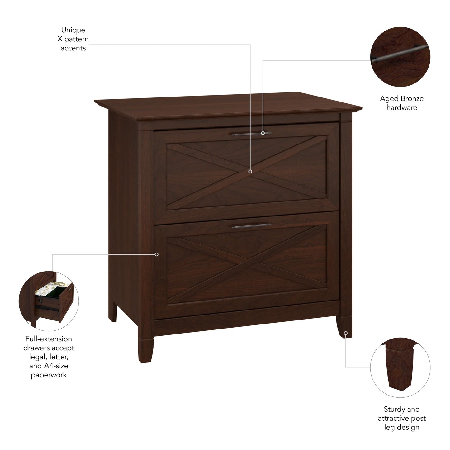 Bush Home Key West 2 Drawer Lateral File Cabinet in Bing Cherry, Document Storage for Home Office, Accent Chest with Drawers