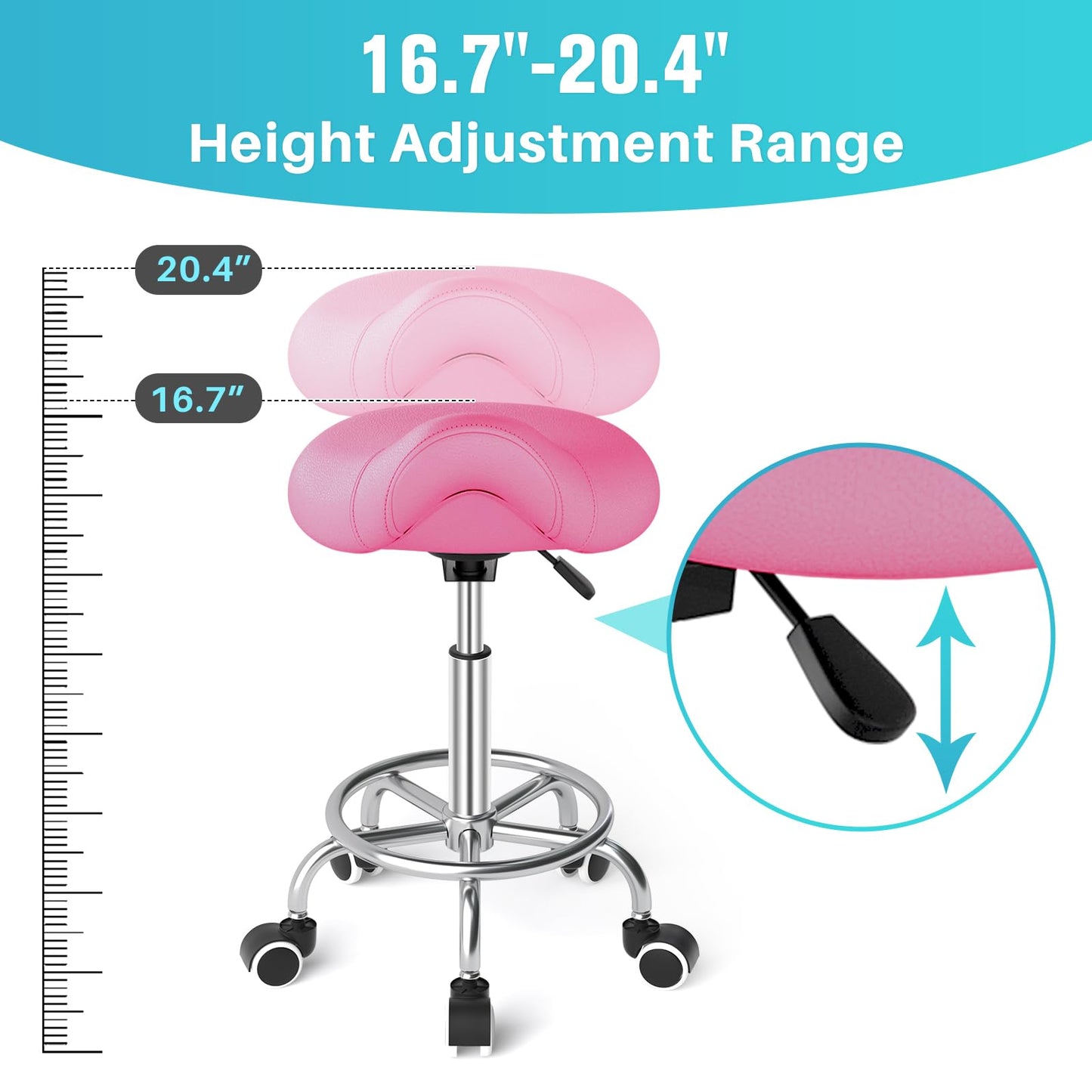 YEEZEE Saddle Stool Ergonomic- Comfortable Rolling Saddle Stool with Wide Thick Saddle Seat Padding, Swivel Adjustable Saddle Chair with Wheels and Ring Pedal for Medical Massage Salon (Pink)