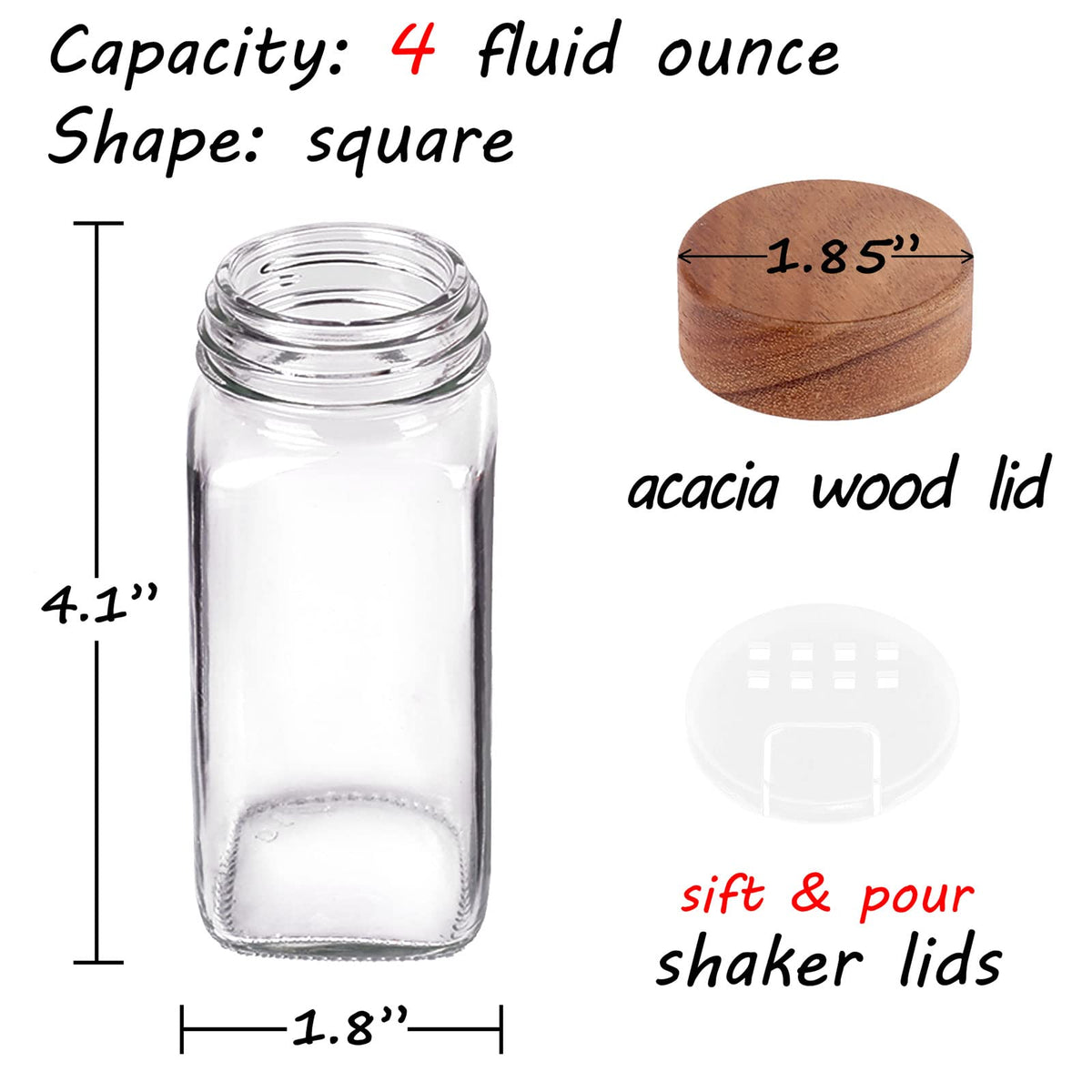 Churboro 48 Spice Jars with 547 Labels and Shaker Lids - Glass - 4 Oz Square Containers with Acacia Wood Lids, Chalk Pen, Funnel Seasoning Jars for Spice Rack, Cabinet, or Drawer