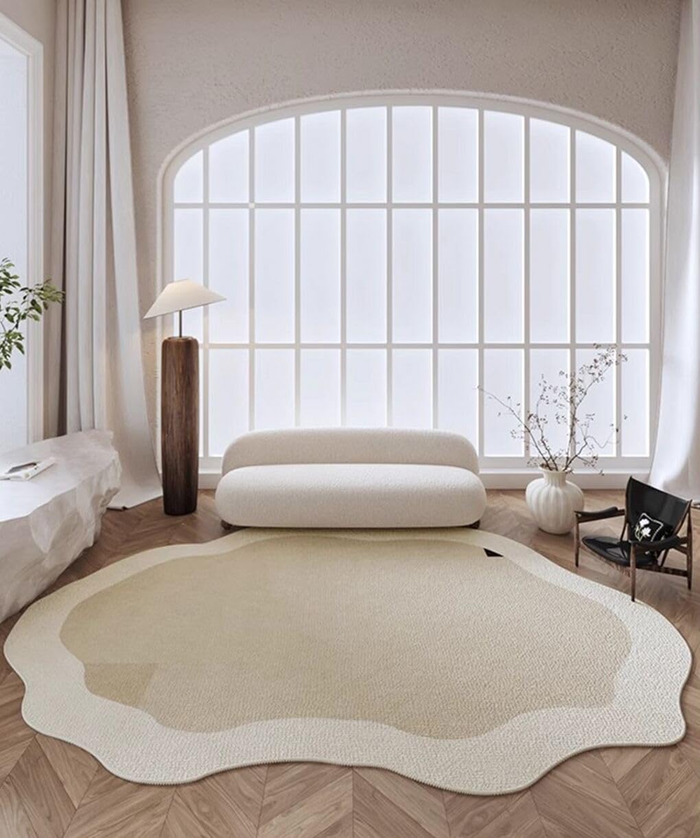 Boho Odd Shaped Rugs Cream Beige Irregular Rug for Living Room Bedroom Home Office Machine Washable Low Pile Shag Carpet 5x8 Minimalist Modern Playroom Nursery Indoor Non Slip Durable Runner Mats