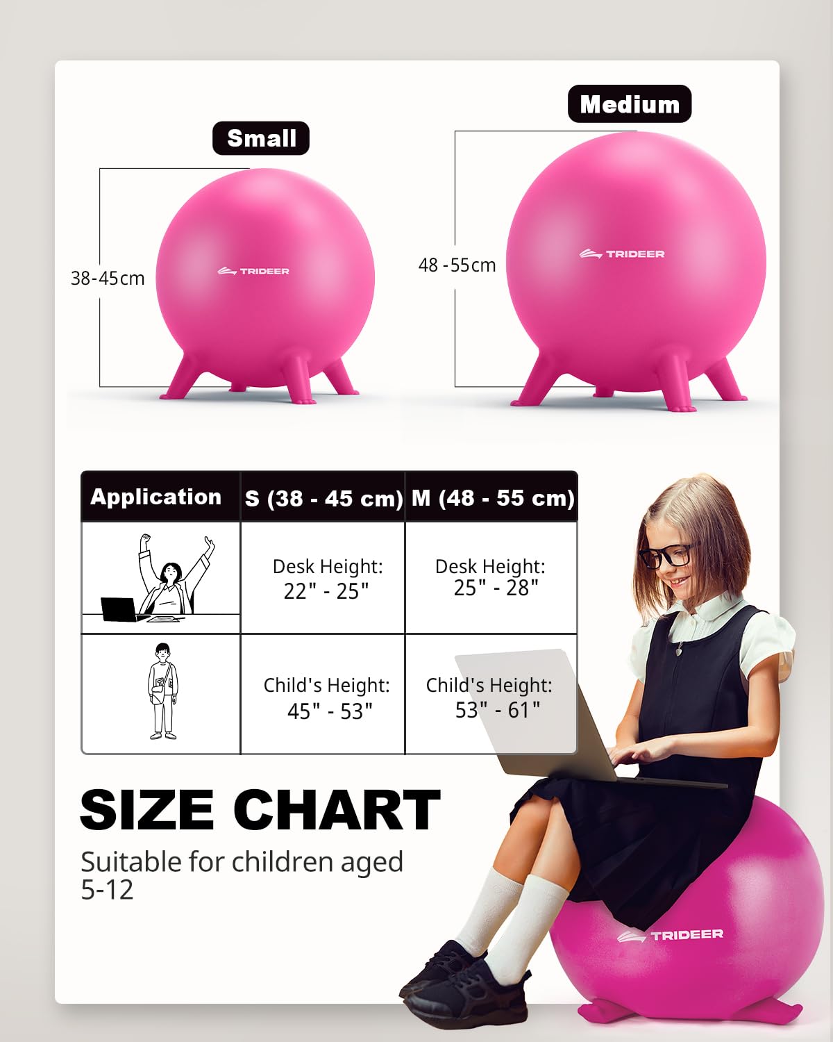 Trideer Flexible Seating for Classroom Elementary, Yoga Ball Chairs for Kids, Wobble Chair of School Supplies for Sensory Kids, Student Desk Chairs for Homeschool (Pink, 55cm)