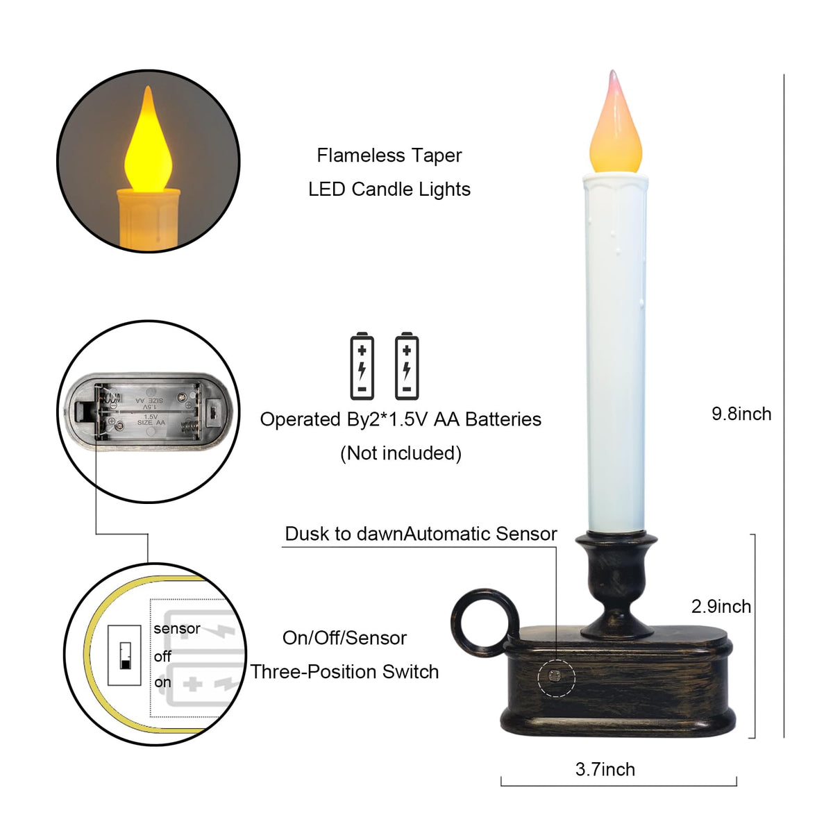 ZAXIFLY Set of 4 Battery-Powered Christmas Window Candles,9 Inch LED Flameless Taper Lights with Dusk to Dawn Sensor, Antique Bronze Base,for Holiday Decor