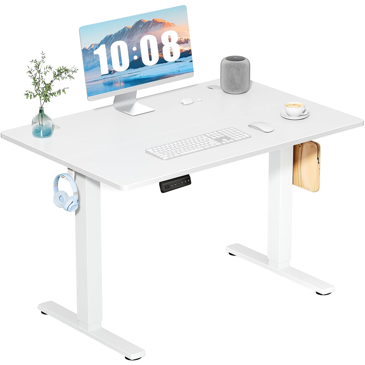 DUMOS 40 Inch Electric Standing Desk Height Adjustable, Sit to Stand Up Computer Workstations Work PC Table Home Office Study Writing Gaming Desks with Memory Presets for Walking Pad, Bedroom, White