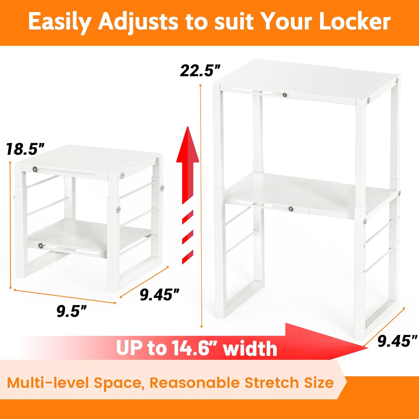 LIDTOP Locker Organizer Shelf, Metal Adjustable Width and Height, Ideal Locker for School, Office, and Gym Lockers, Extends Locker Accessories Storage Organization, White