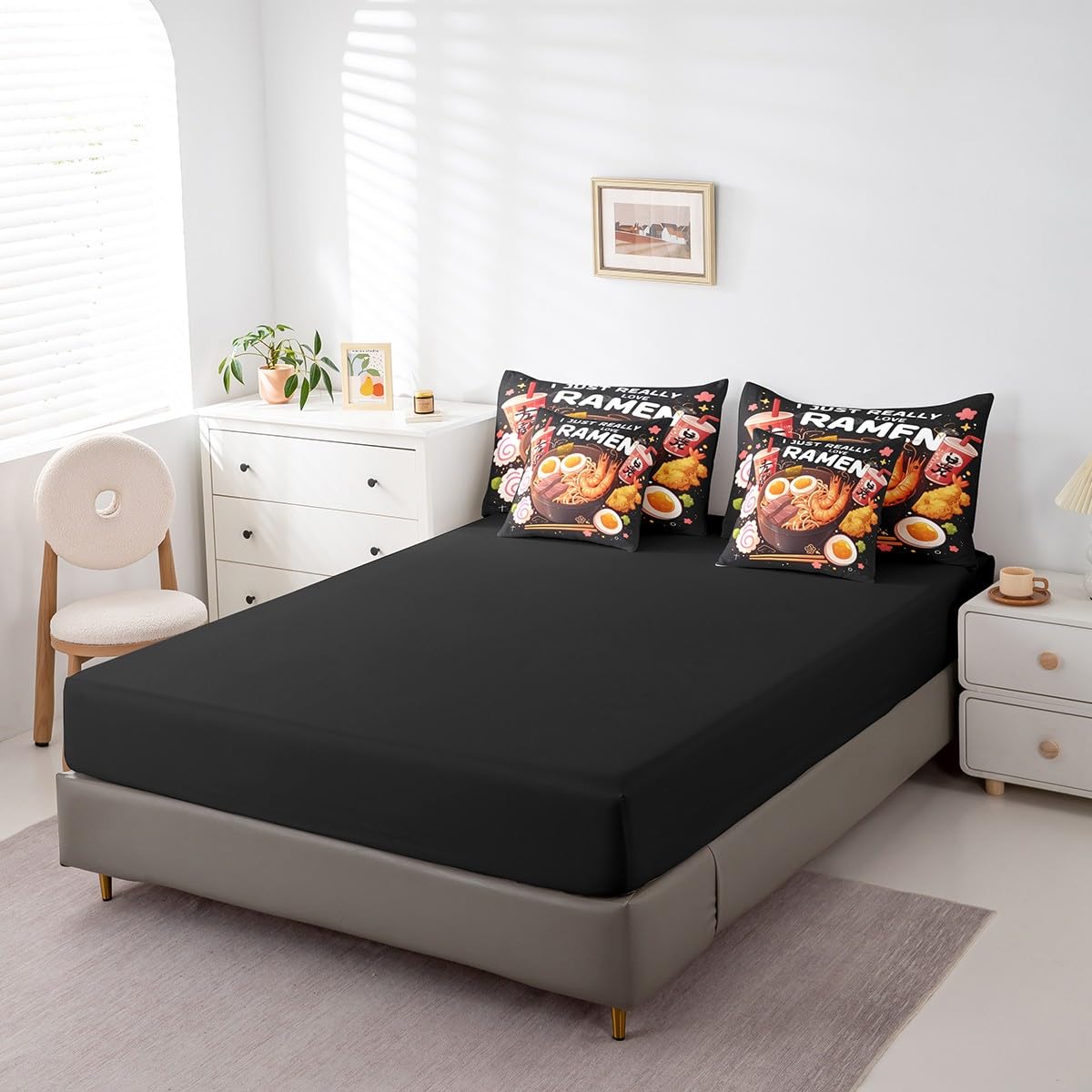 Erosebridal 7 Piece Ramen Noodle Queen Bedding Set,Japanese Style Anime Comforter Set with Sheets,Cherry Blossom Bed Set,Funny Food Themed Bed in a Bag Ramen Gifts for Kids Girls Boys Adults