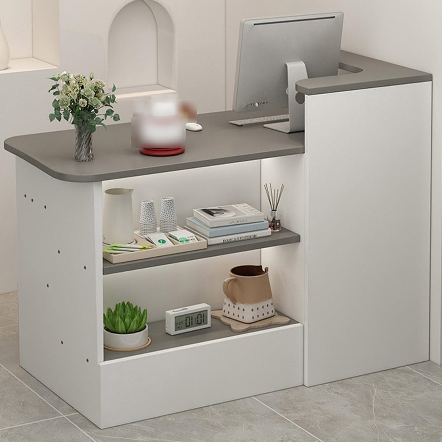 Reception Desk Counter Table, Modern Retail Checkout Counter with Drawers, L-Shaped Cashier Cabinet Wooden Front Desk for Convenience Store Hotel Beauty Salon