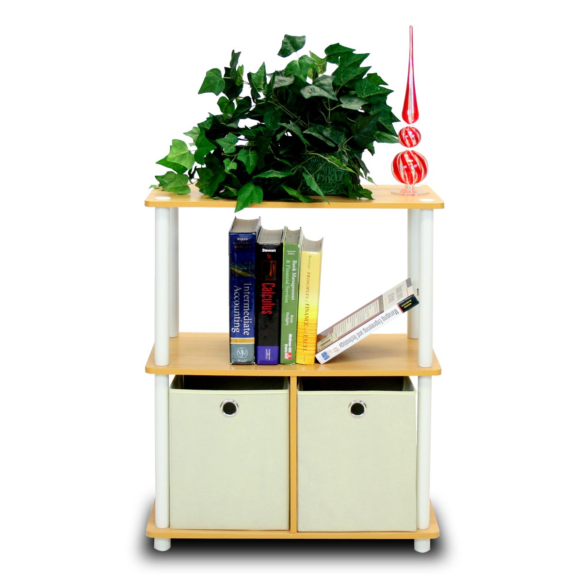 Furinno TURN-N-TUBE Storage Shelves Set of 2, 3-Tier Toolless Book Shelf with Storage Bins, Display Shelf, for Organization and Storage, Living Room, Garage, Home Office, Beech