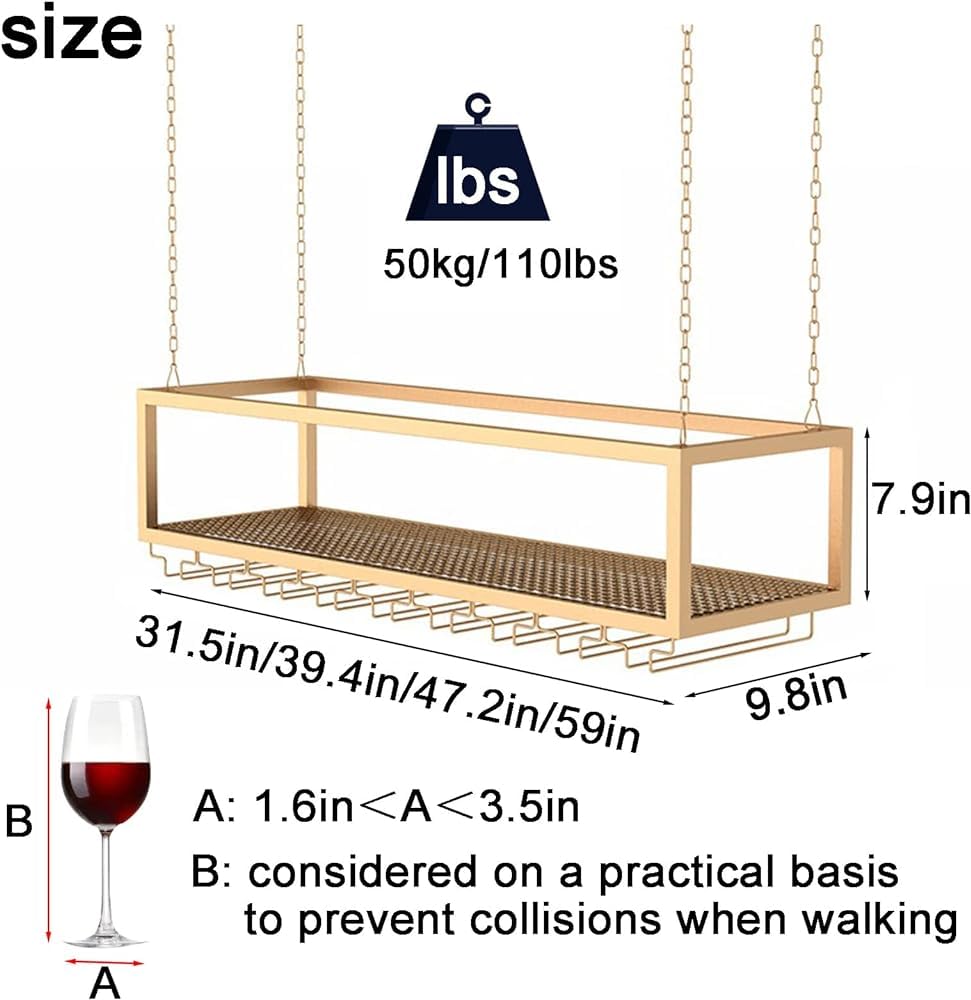 WXPWAMZ Wall Mounted Metal Wine Rack Height Adjustable Ceiling Wine Glass Rack, Bar Floating Shelf Wine Glass Holder,Wall-Mounted Wine Glass Decorate Rack Perfect for Bar Cafe Kitche(Size: