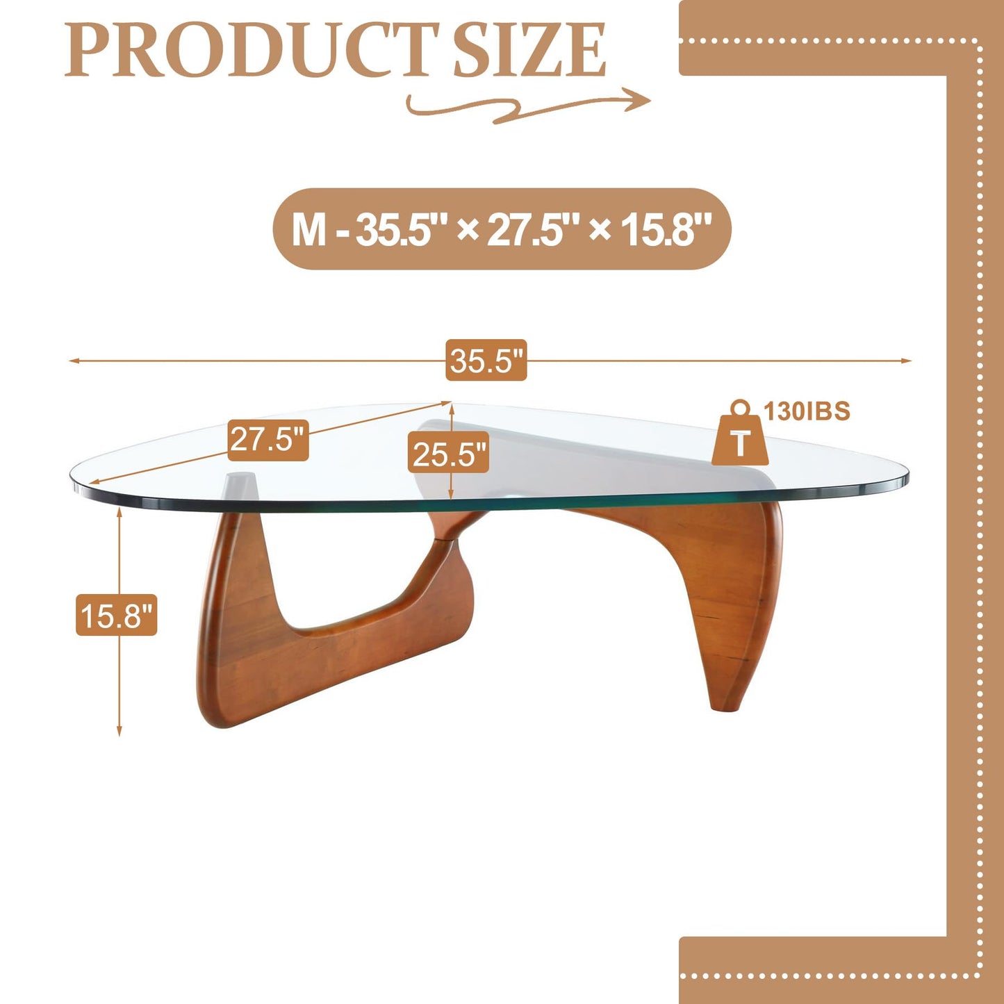 Modern Glass Coffee Table, 35.5″ Noguchi Coffee Table with Triangle Tempered Glass Top, Walnut Wood Base, Stable Funky Center Tables for Living Room, Apartment & Small Spaces